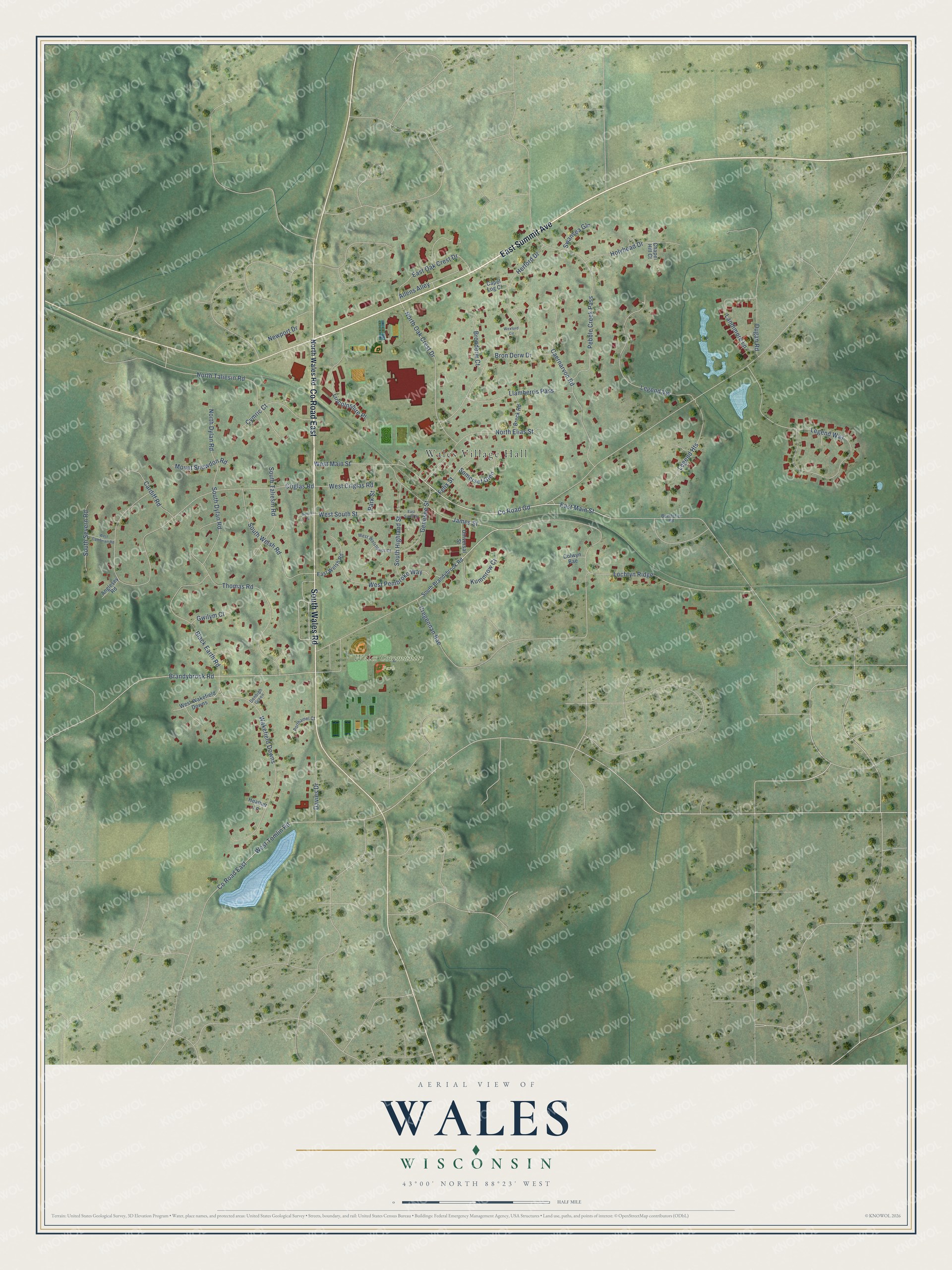 Full map of Wales, Wisconsin, with red buildings, printed street names and the land around them