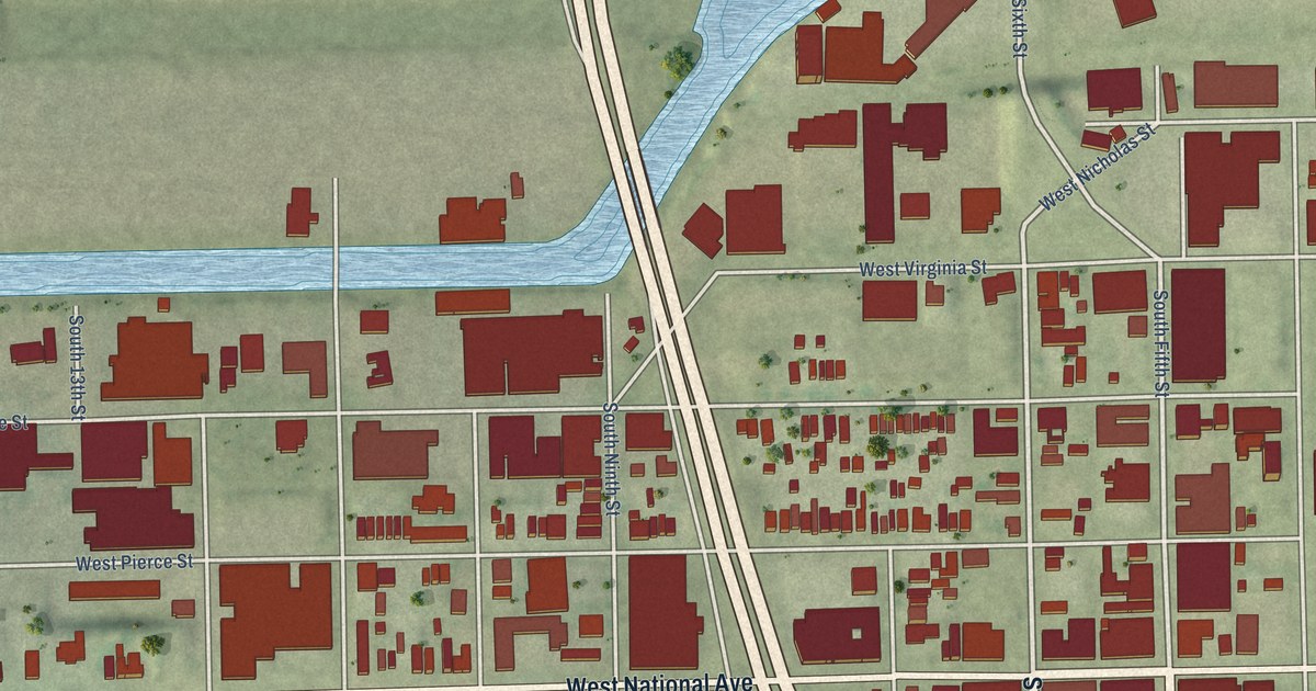 Close-up of streets and buildings in Walker’s Point, Wisconsin