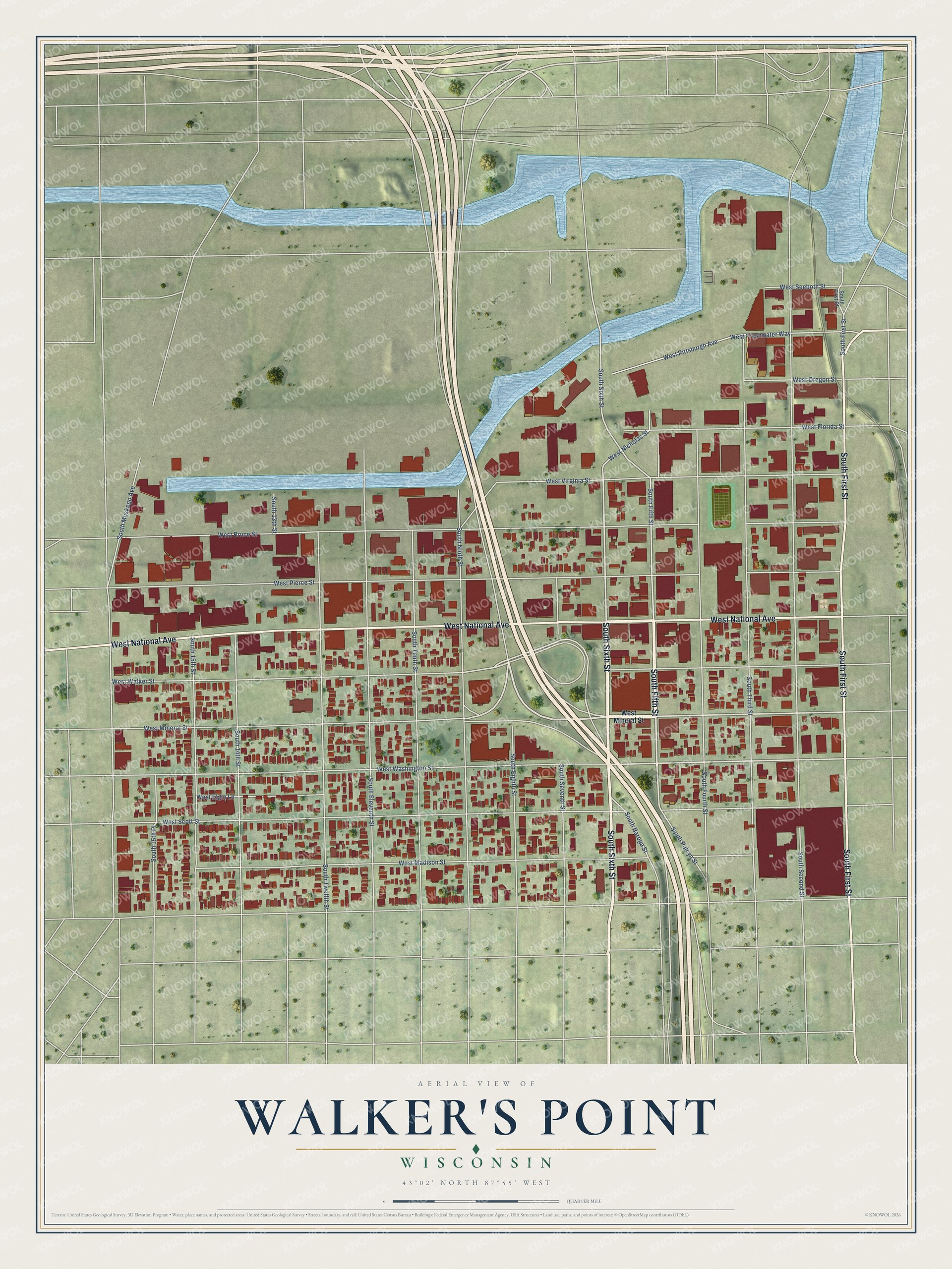 Full map of Walker's Point, Wisconsin, with red buildings, printed street names and the land around them