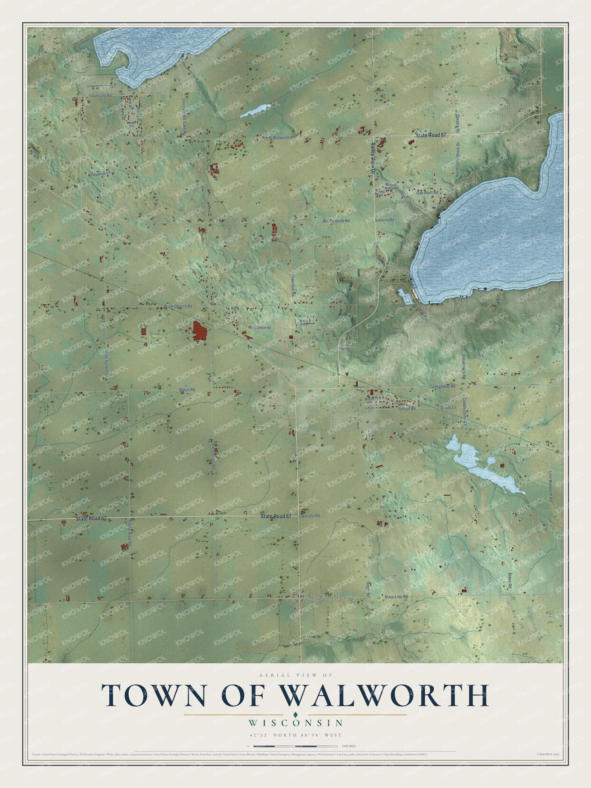 Full map of Walworth, Wisconsin, with red buildings, printed street names and the land around them