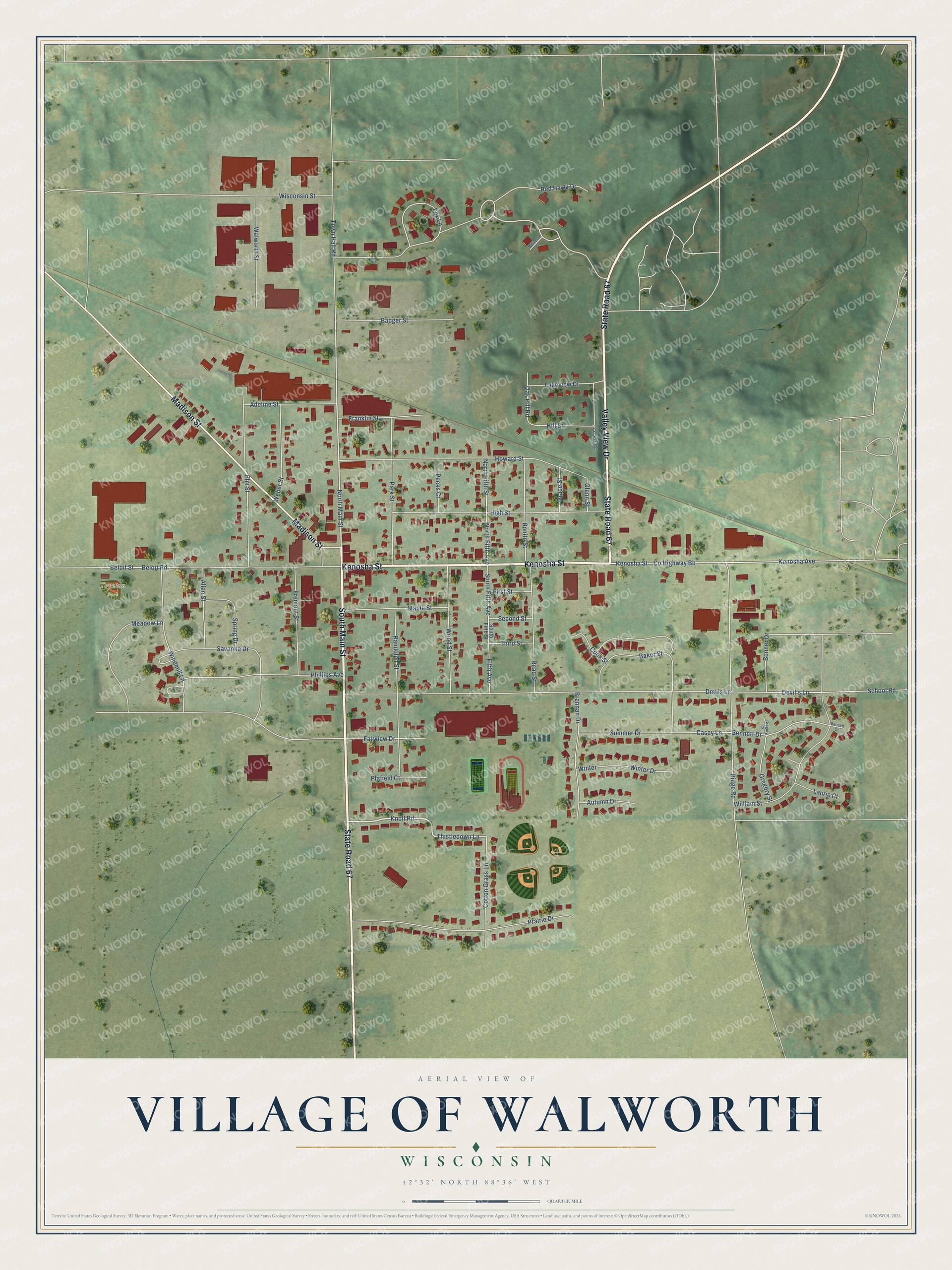 Full map of Walworth, Wisconsin, with red buildings, printed street names and the land around them