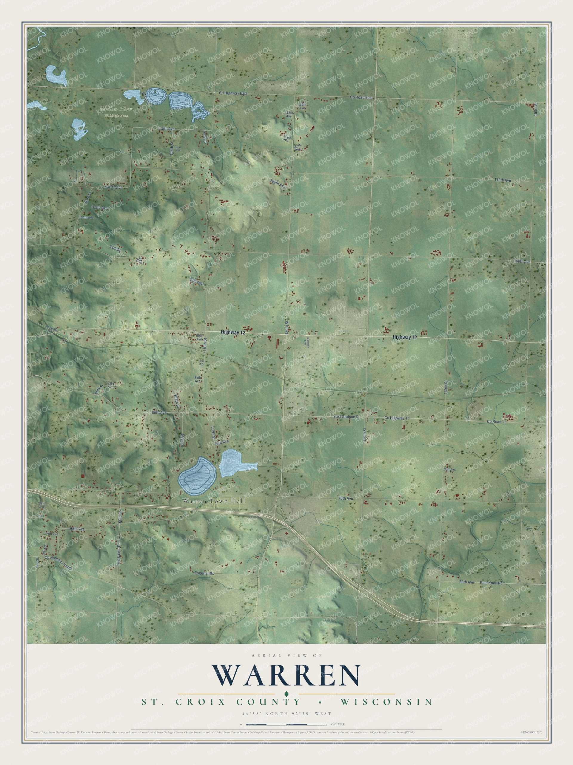 Full map of Warren, Wisconsin, with red buildings, printed street names and the land around them