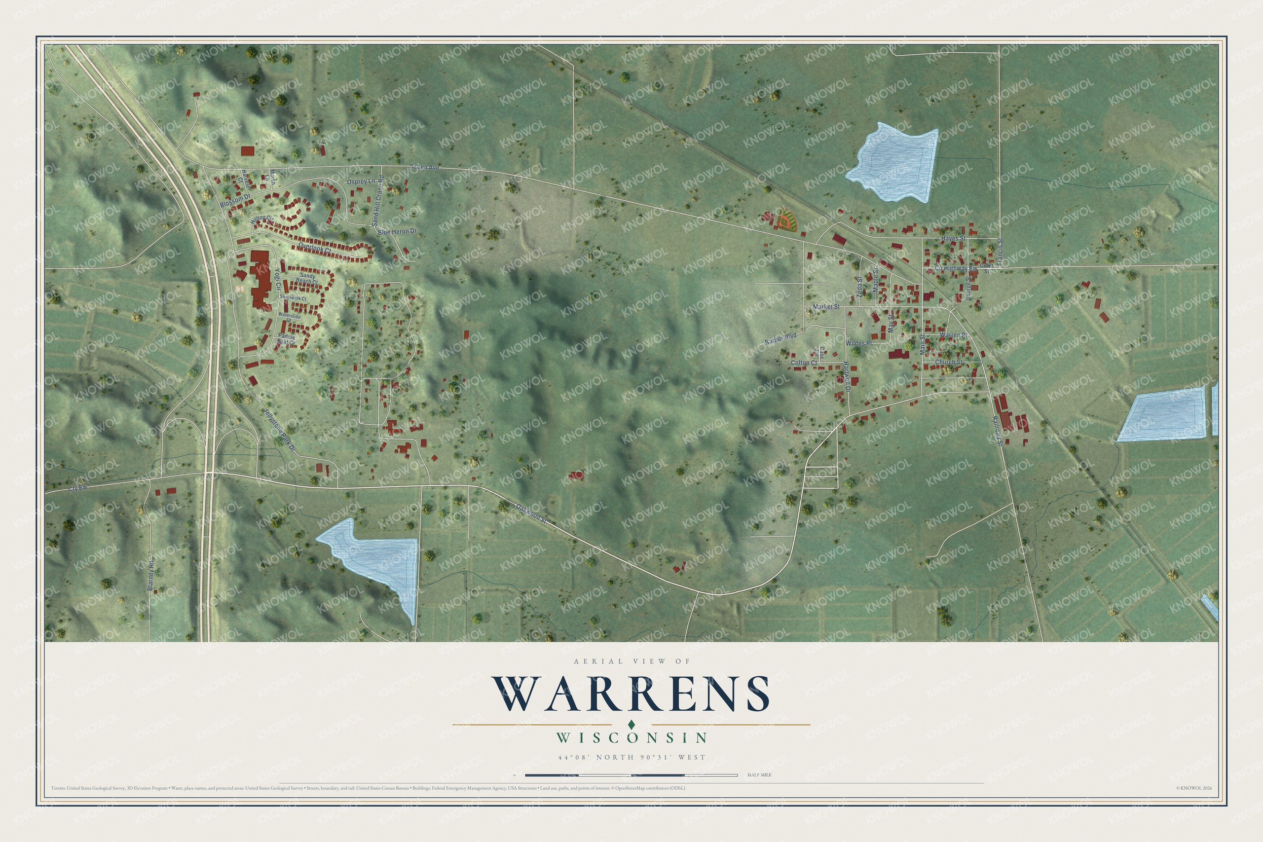 Full map of Warrens, Wisconsin, with red buildings, printed street names and the land around them