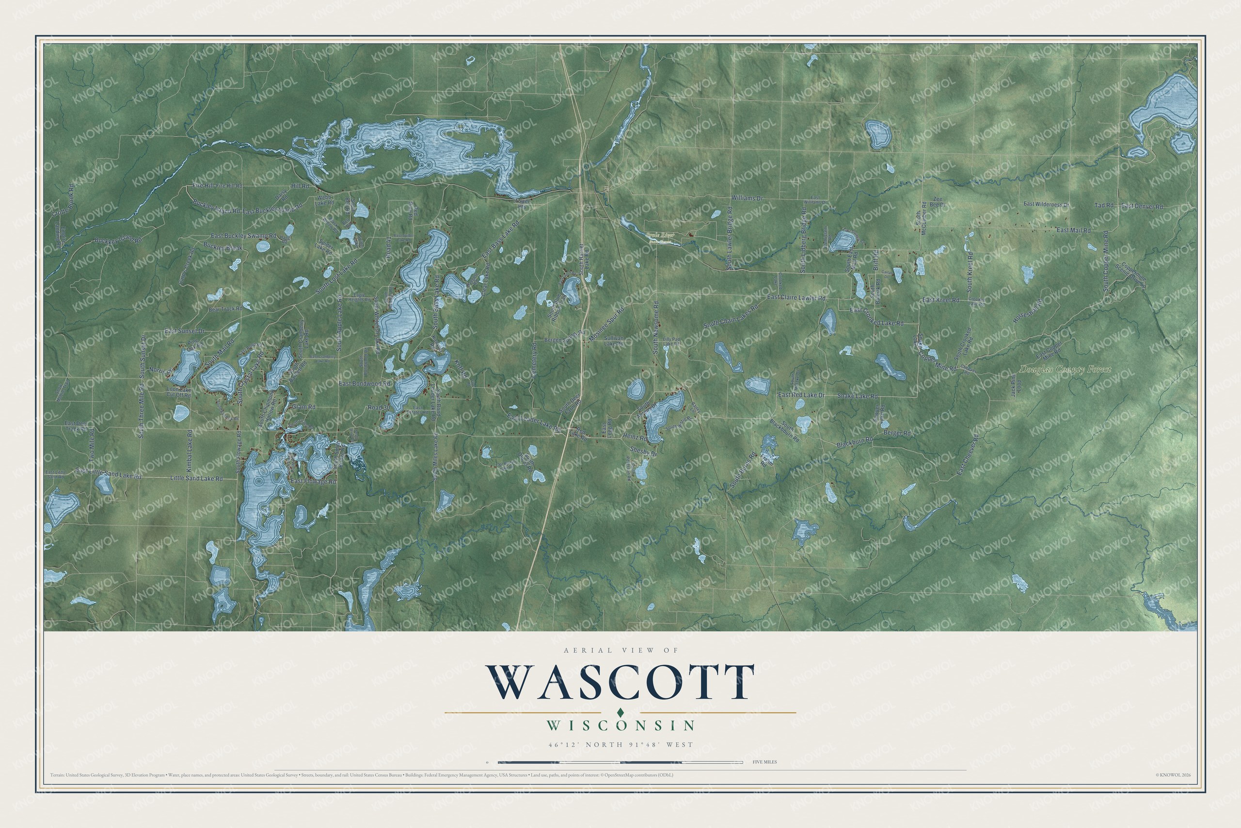 Full map of Wascott, Wisconsin, with red buildings, printed street names and the land around them