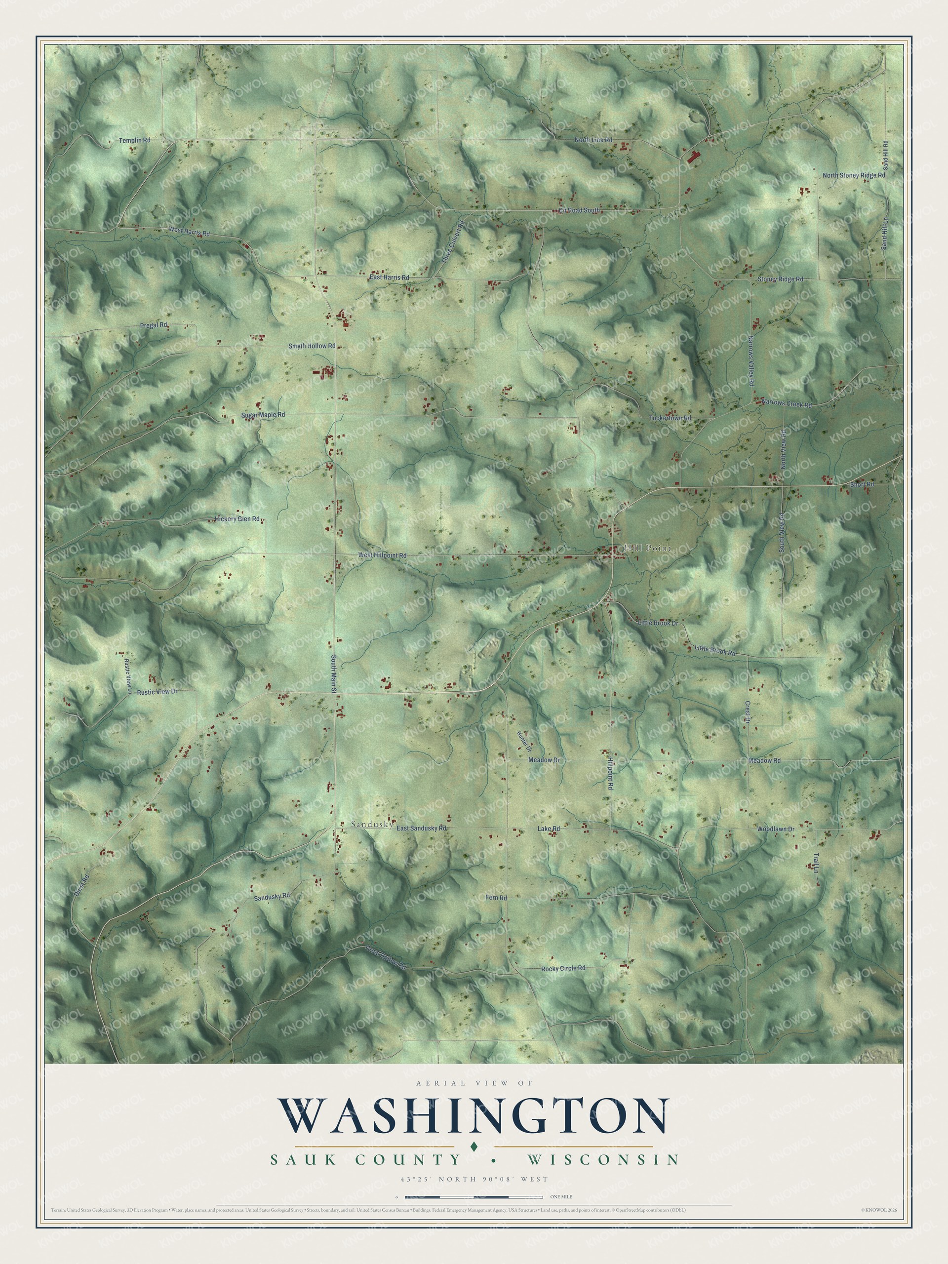 Full map of Washington, Wisconsin, with red buildings, printed street names and the land around them