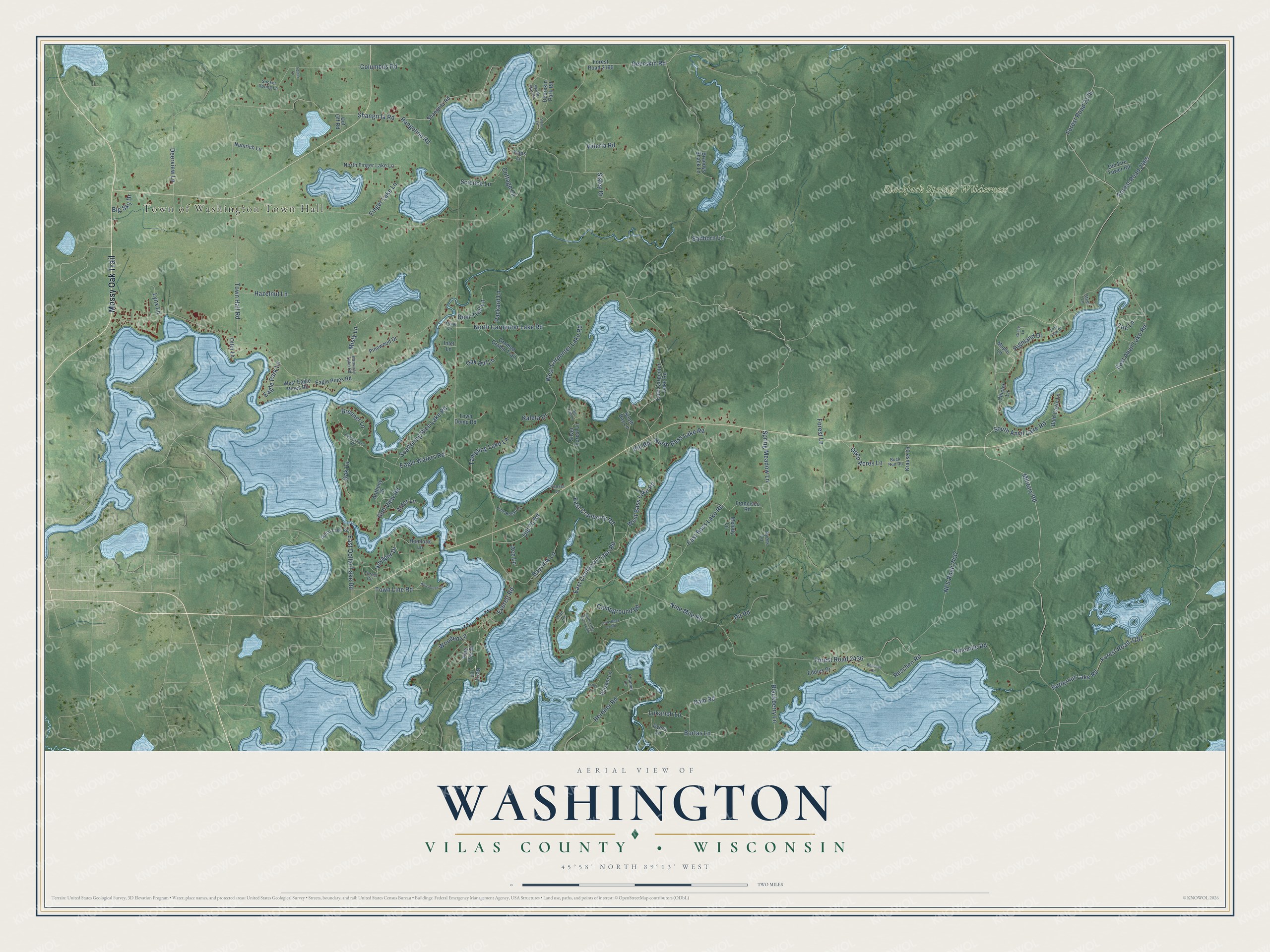 Full map of Washington, Wisconsin, with red buildings, printed street names and the land around them