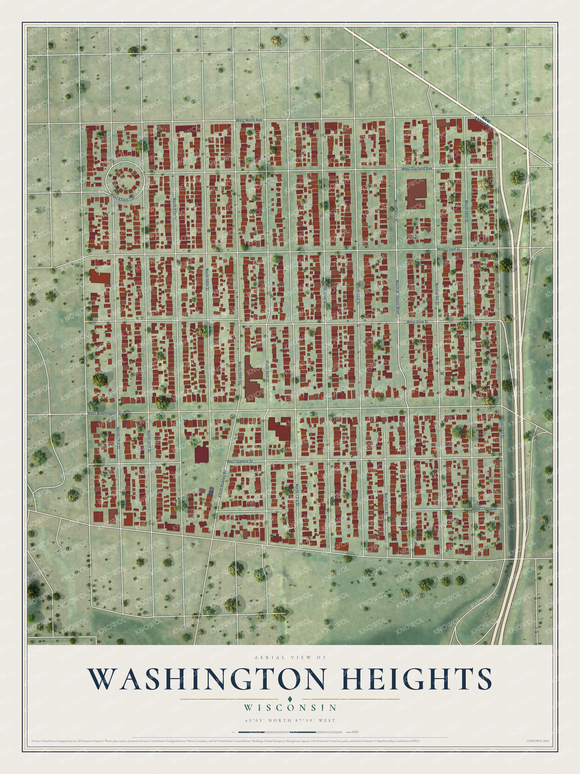 Full map of Washington Heights, Wisconsin, with red buildings, printed street names and the land around them