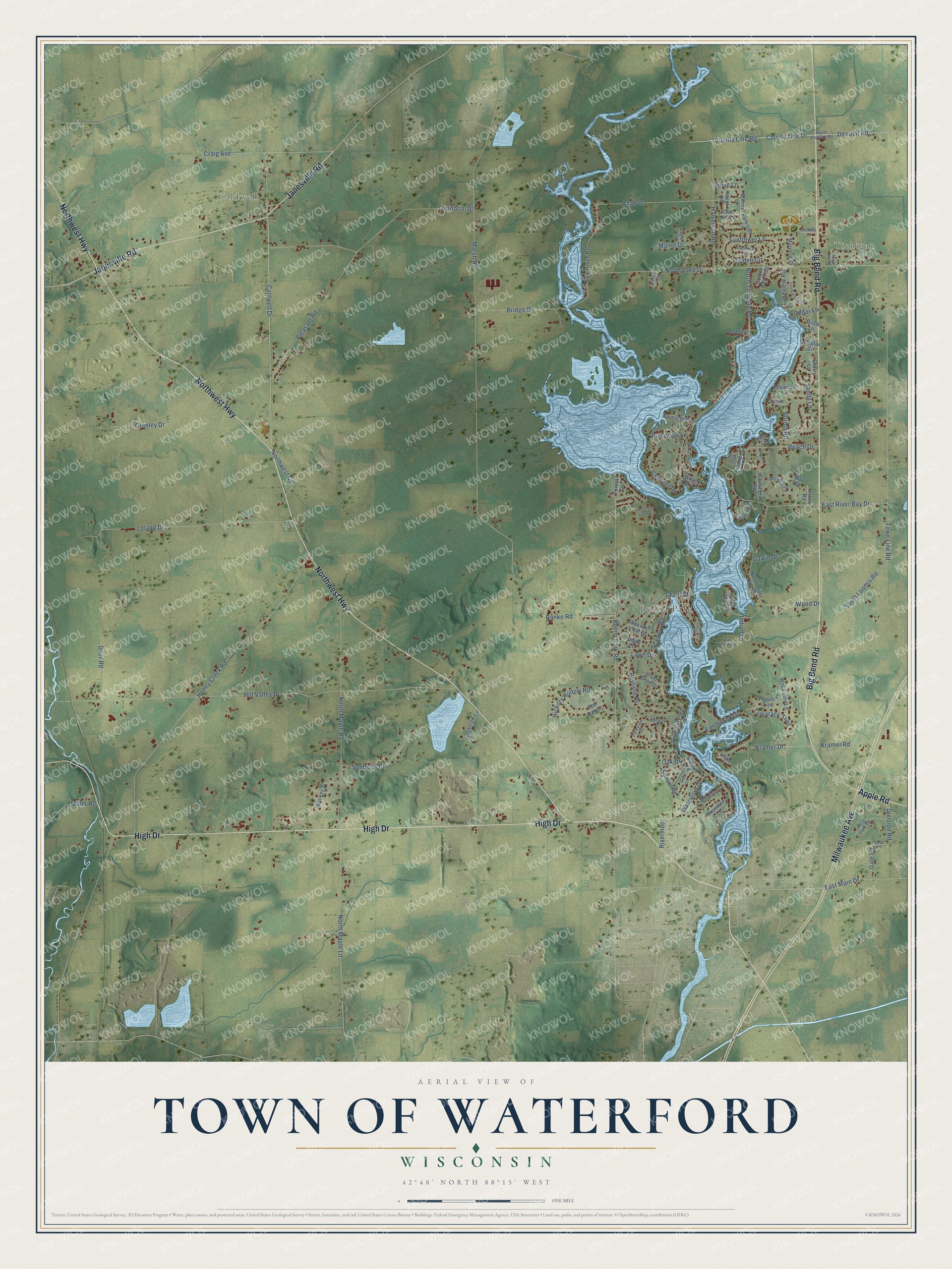 Full map of Waterford, Wisconsin, with red buildings, printed street names and the land around them