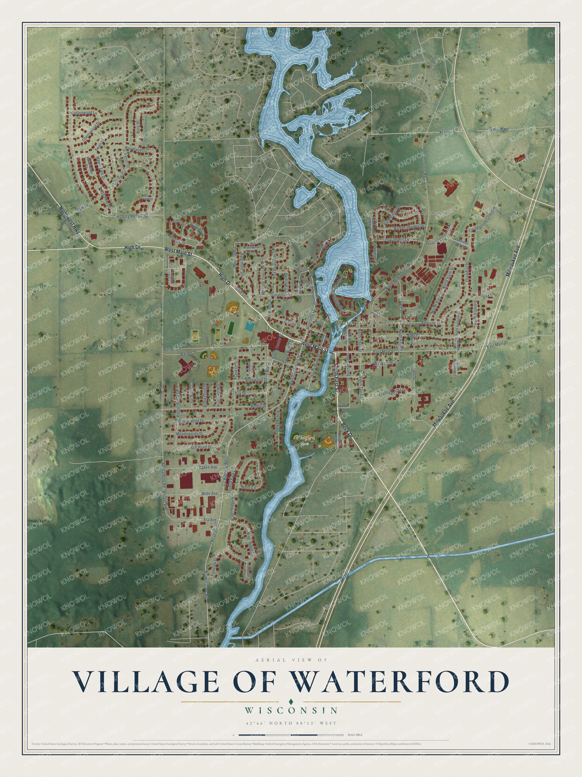 Full map of Waterford, Wisconsin, with red buildings, printed street names and the land around them