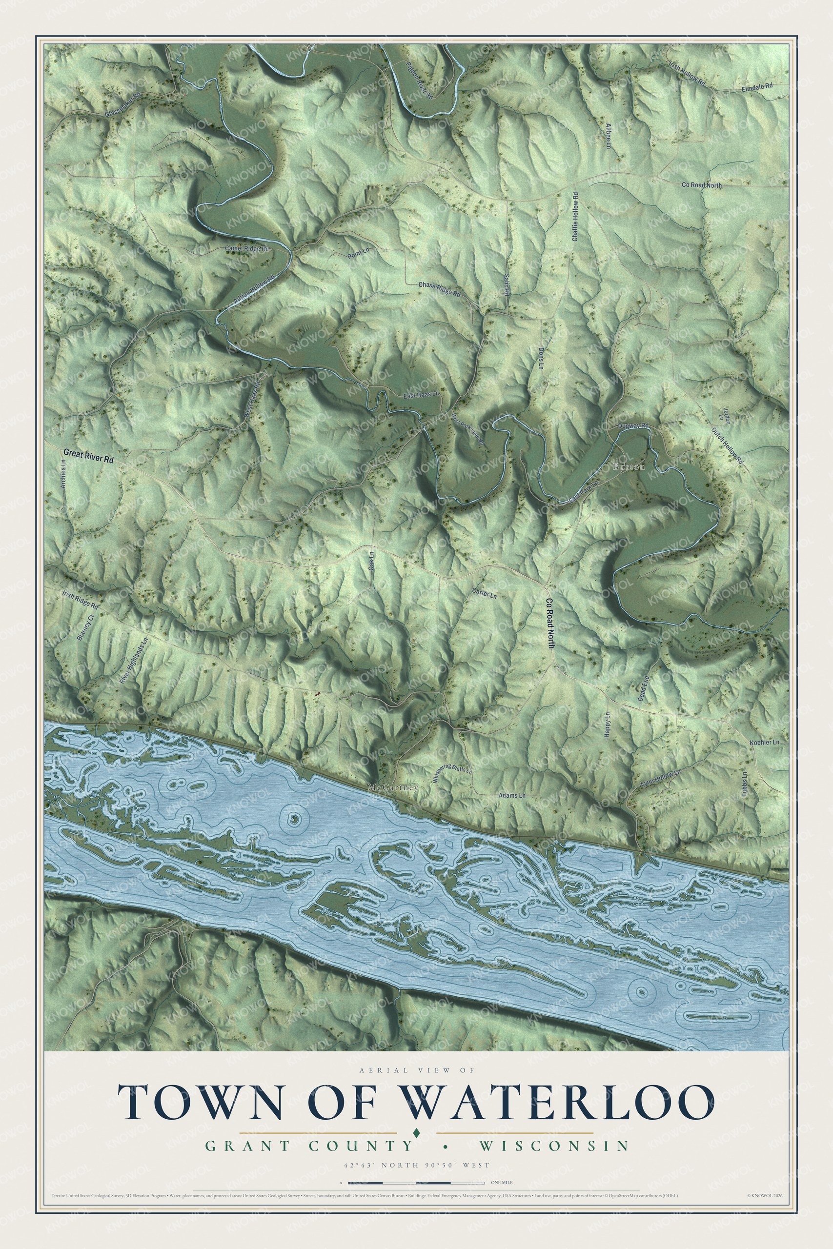 Full map of Waterloo, Wisconsin, with red buildings, printed street names and the land around them
