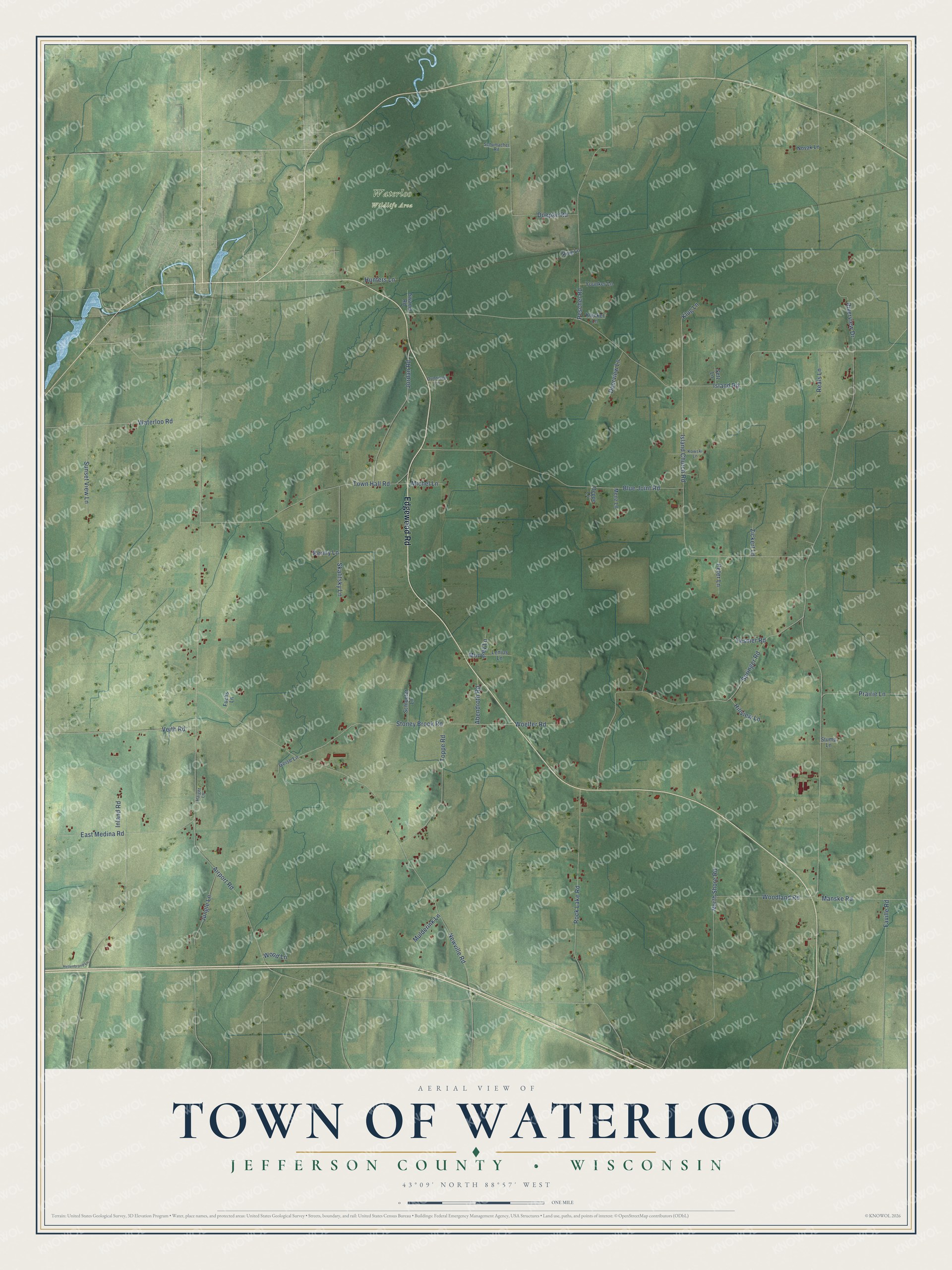 Full map of Waterloo, Wisconsin, with red buildings, printed street names and the land around them