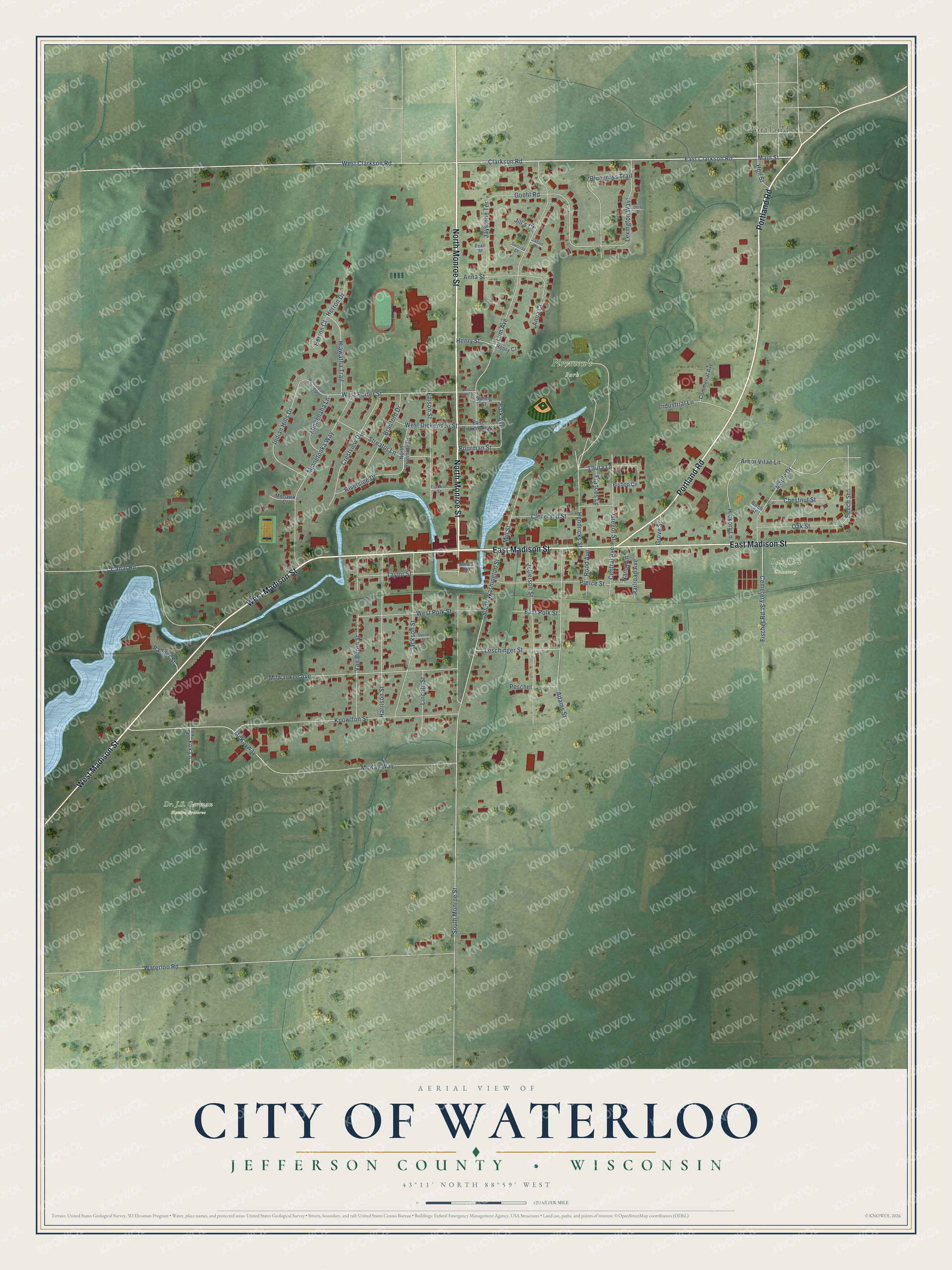 Full map of Waterloo, Wisconsin, with red buildings, printed street names and the land around them