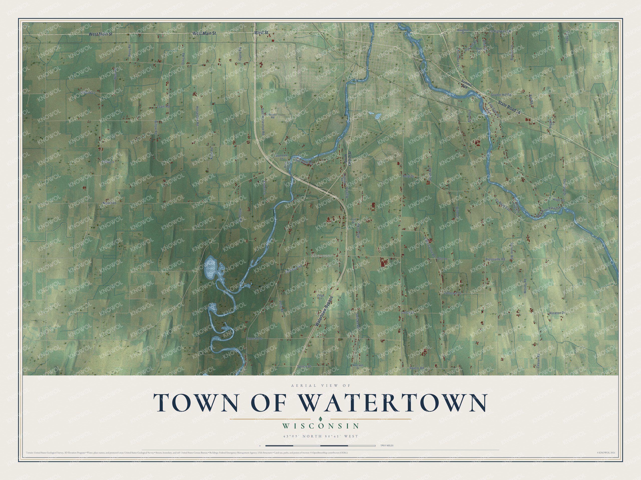 Full map of Watertown, Wisconsin, with red buildings, printed street names and the land around them