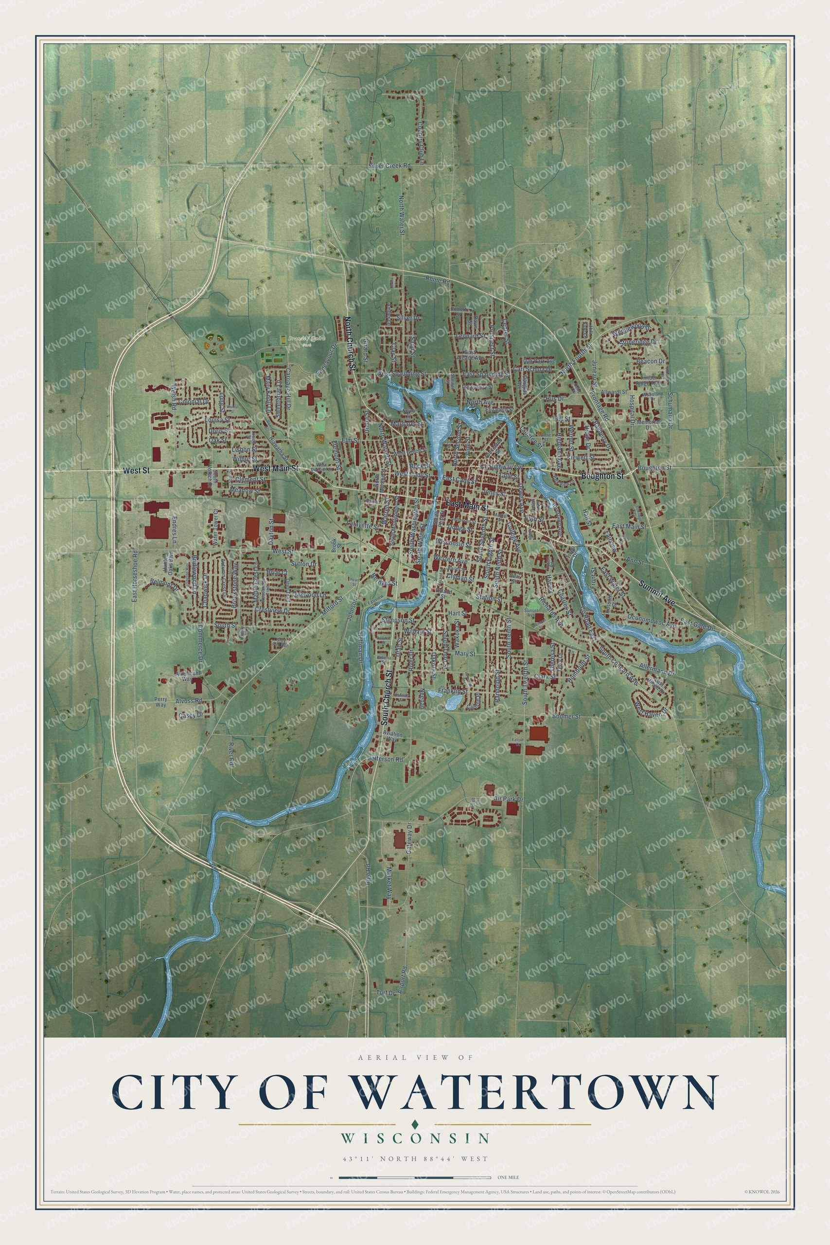Full map of Watertown, Wisconsin, with red buildings, printed street names and the land around them