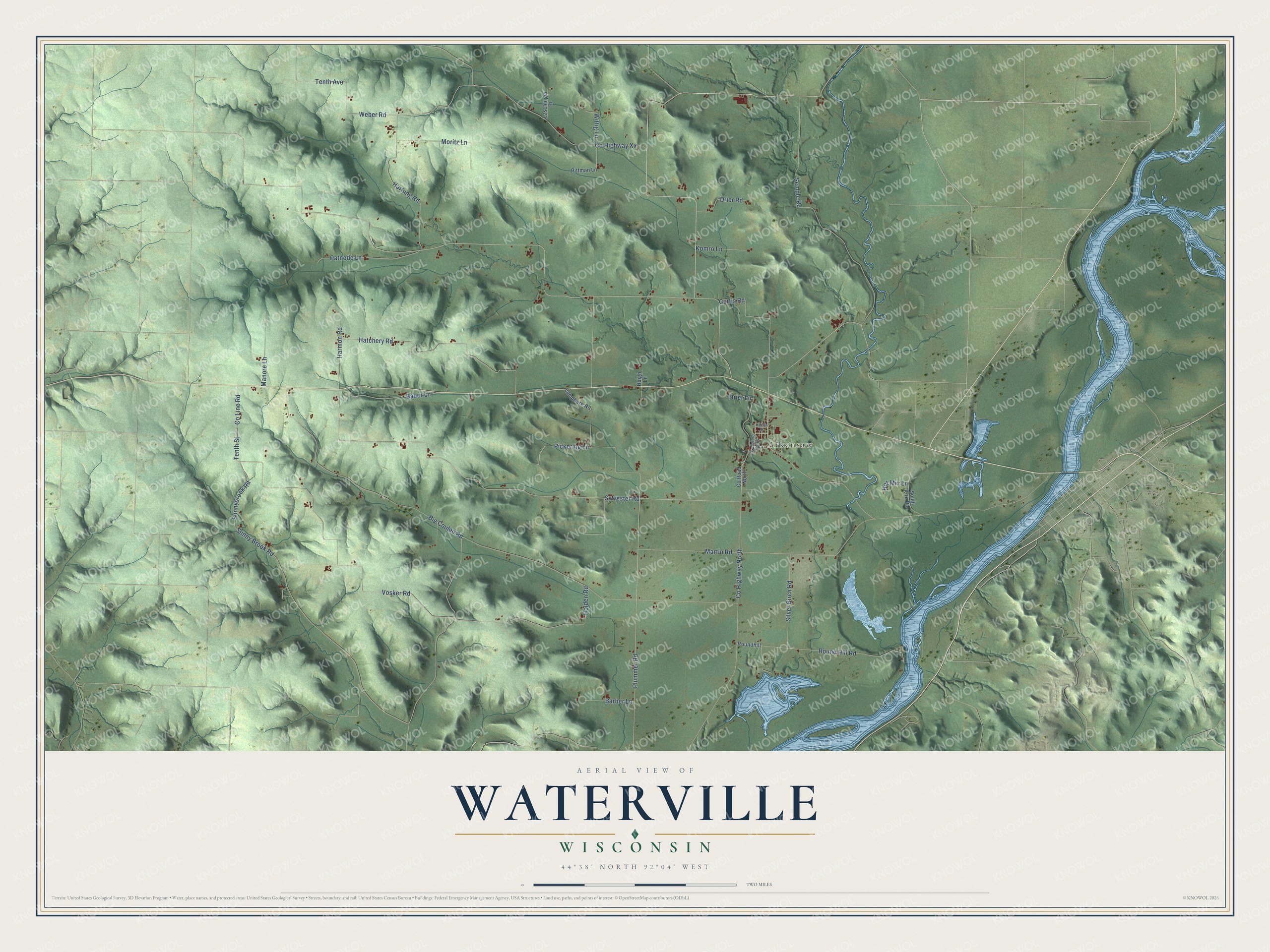 Full map of Waterville, Wisconsin, with red buildings, printed street names and the land around them