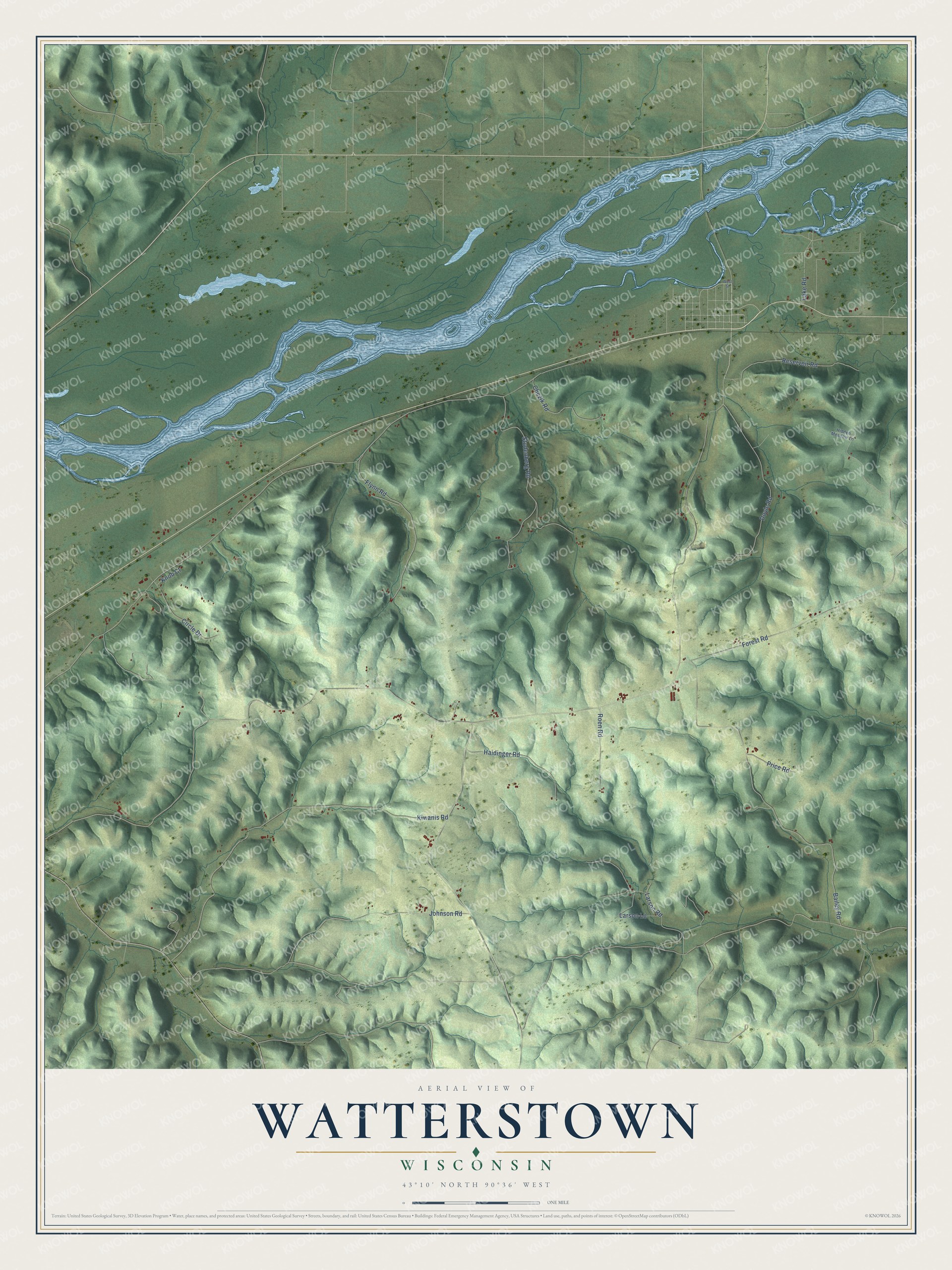 Full map of Watterstown, Wisconsin, with red buildings, printed street names and the land around them