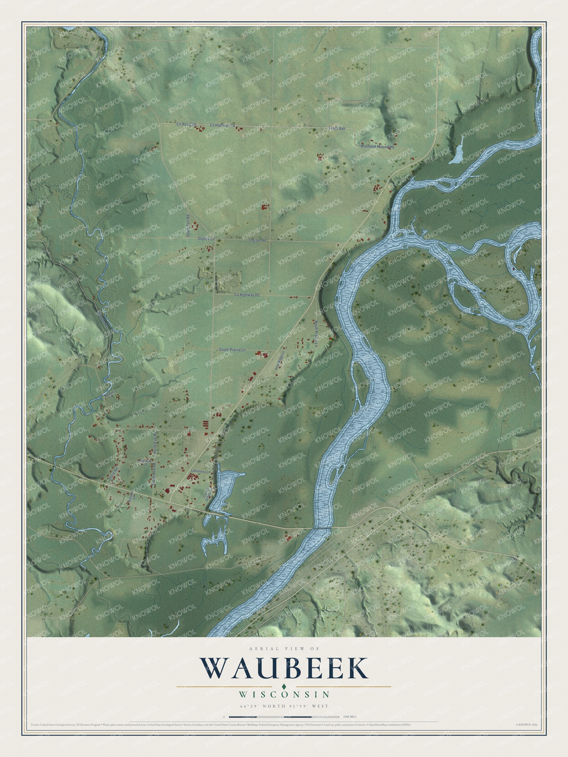 Full map of Waubeek, Wisconsin, with red buildings, printed street names and the land around them