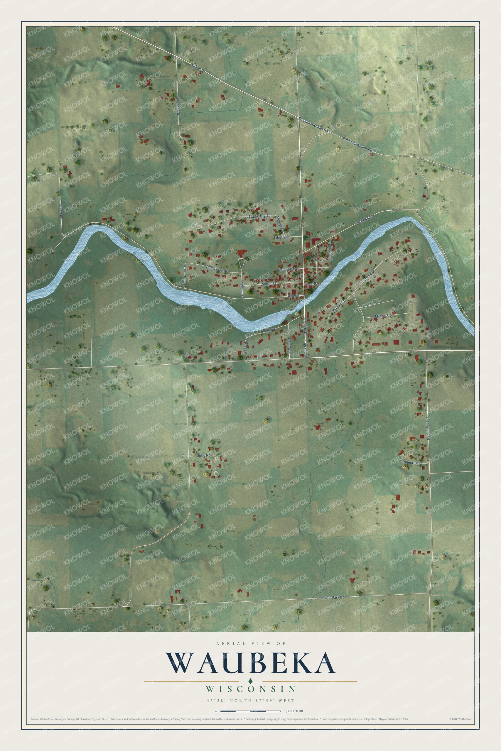 Full map of Waubeka, Wisconsin, with red buildings, printed street names and the land around them