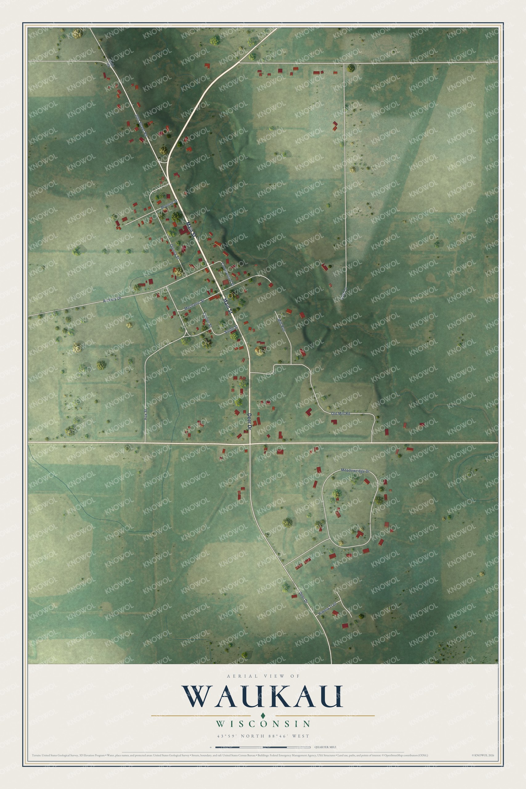 Full map of Waukau, Wisconsin, with red buildings, printed street names and the land around them
