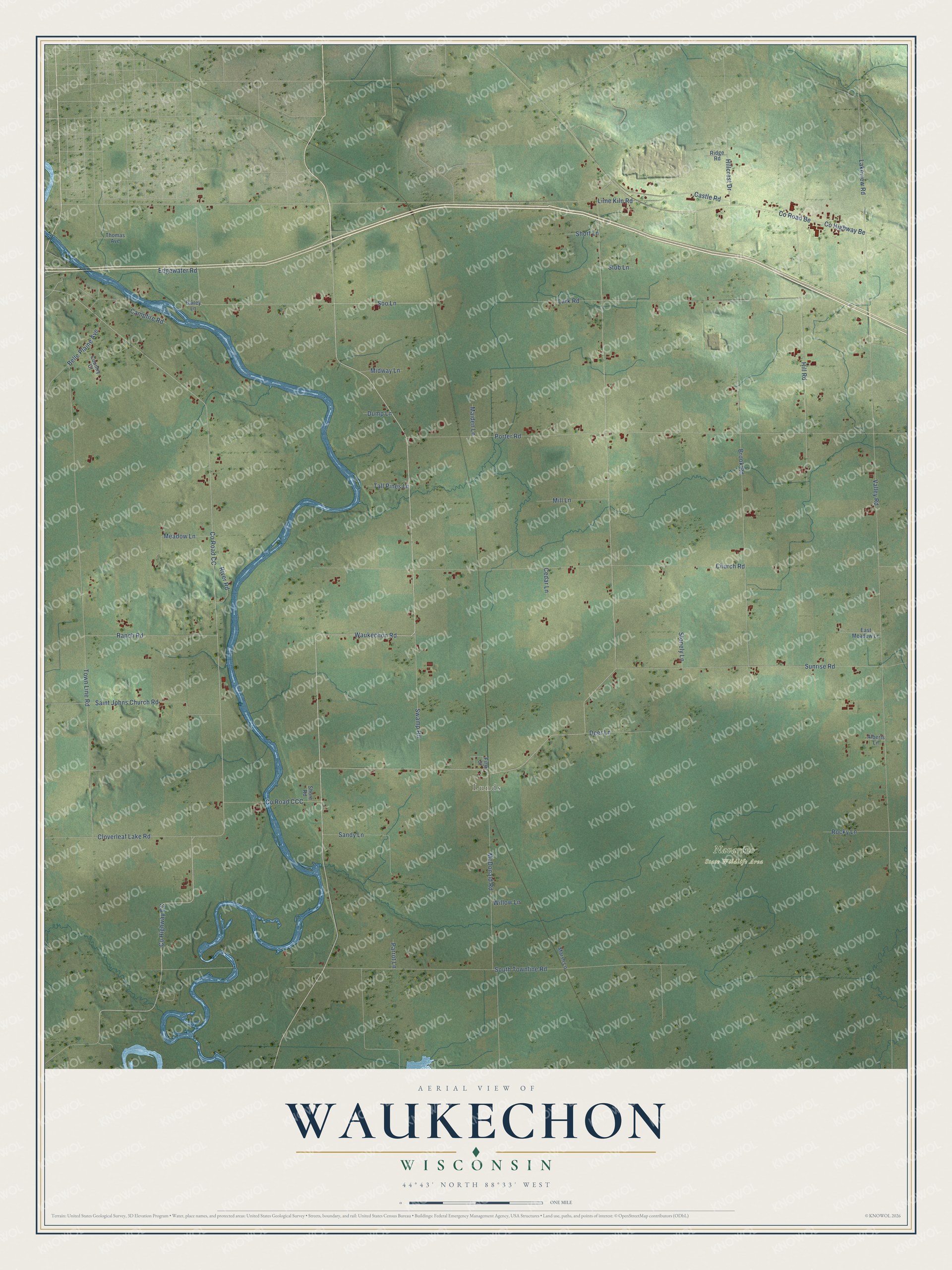 Full map of Waukechon, Wisconsin, with red buildings, printed street names and the land around them