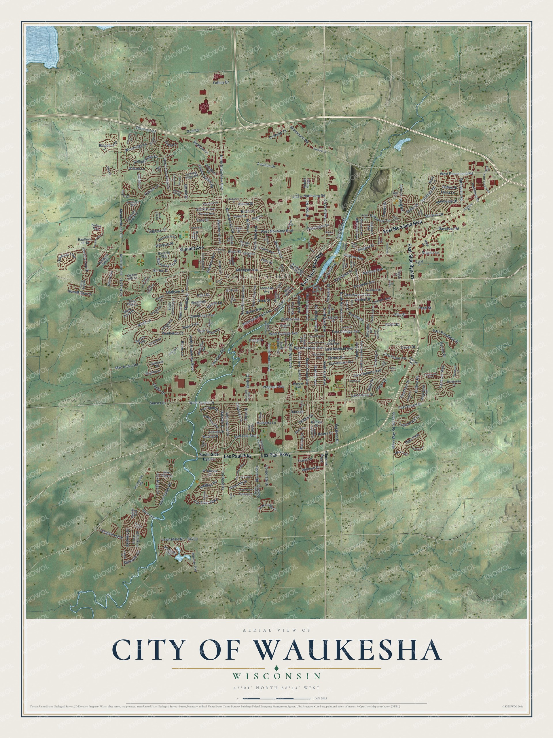 Full map of Waukesha, Wisconsin, with red buildings, printed street names and the land around them