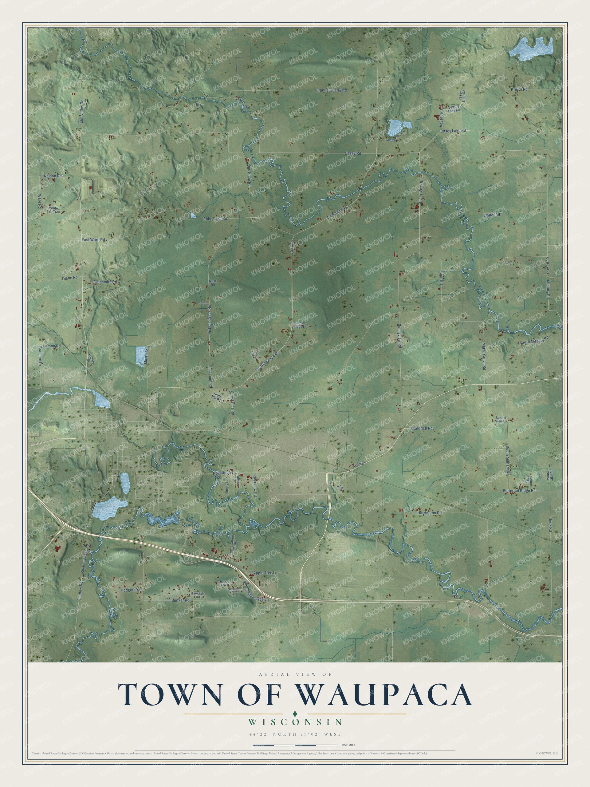 Full map of Waupaca, Wisconsin, with red buildings, printed street names and the land around them