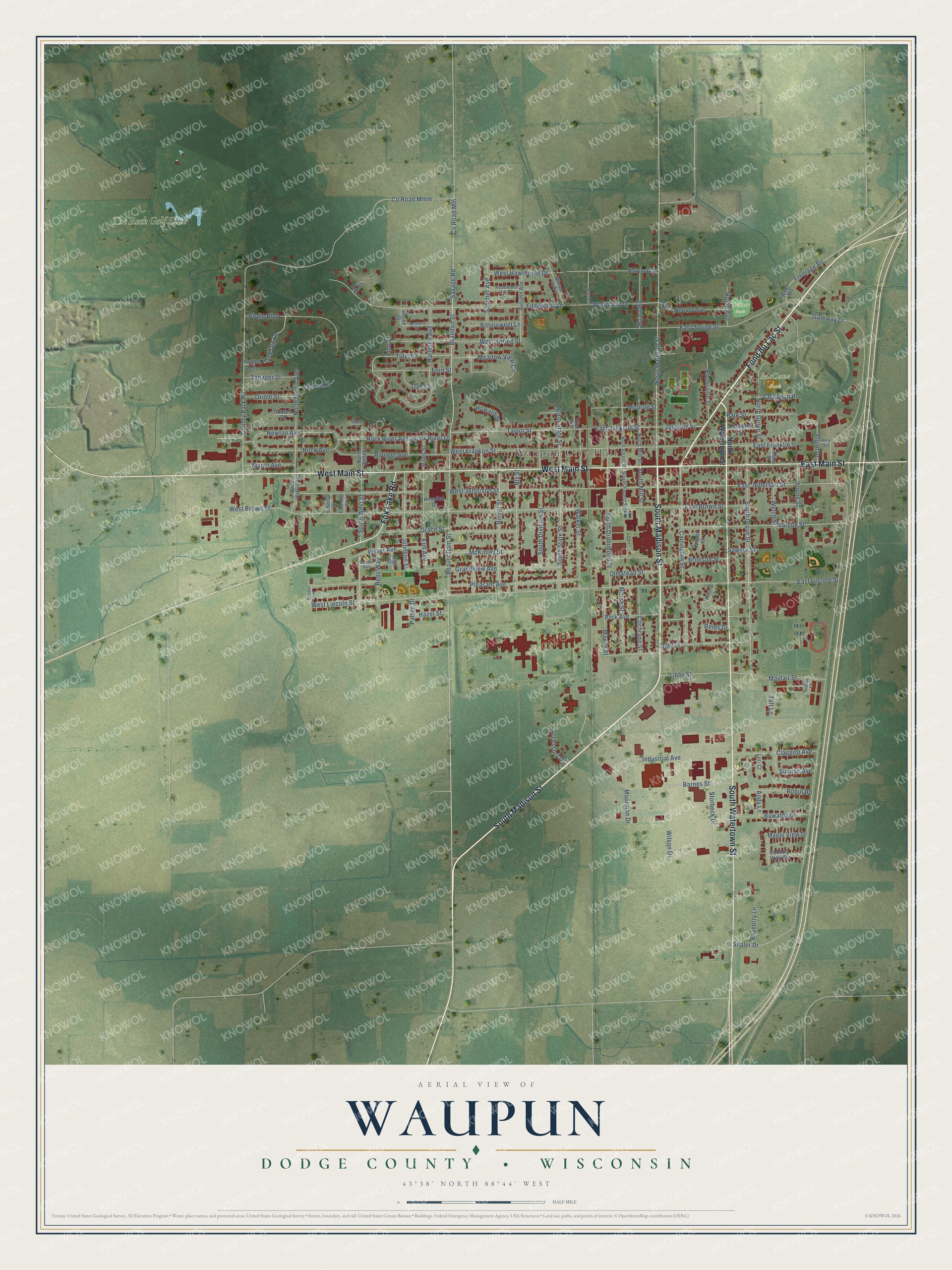 Watermarked full-map preview of Waupun, Wisconsin