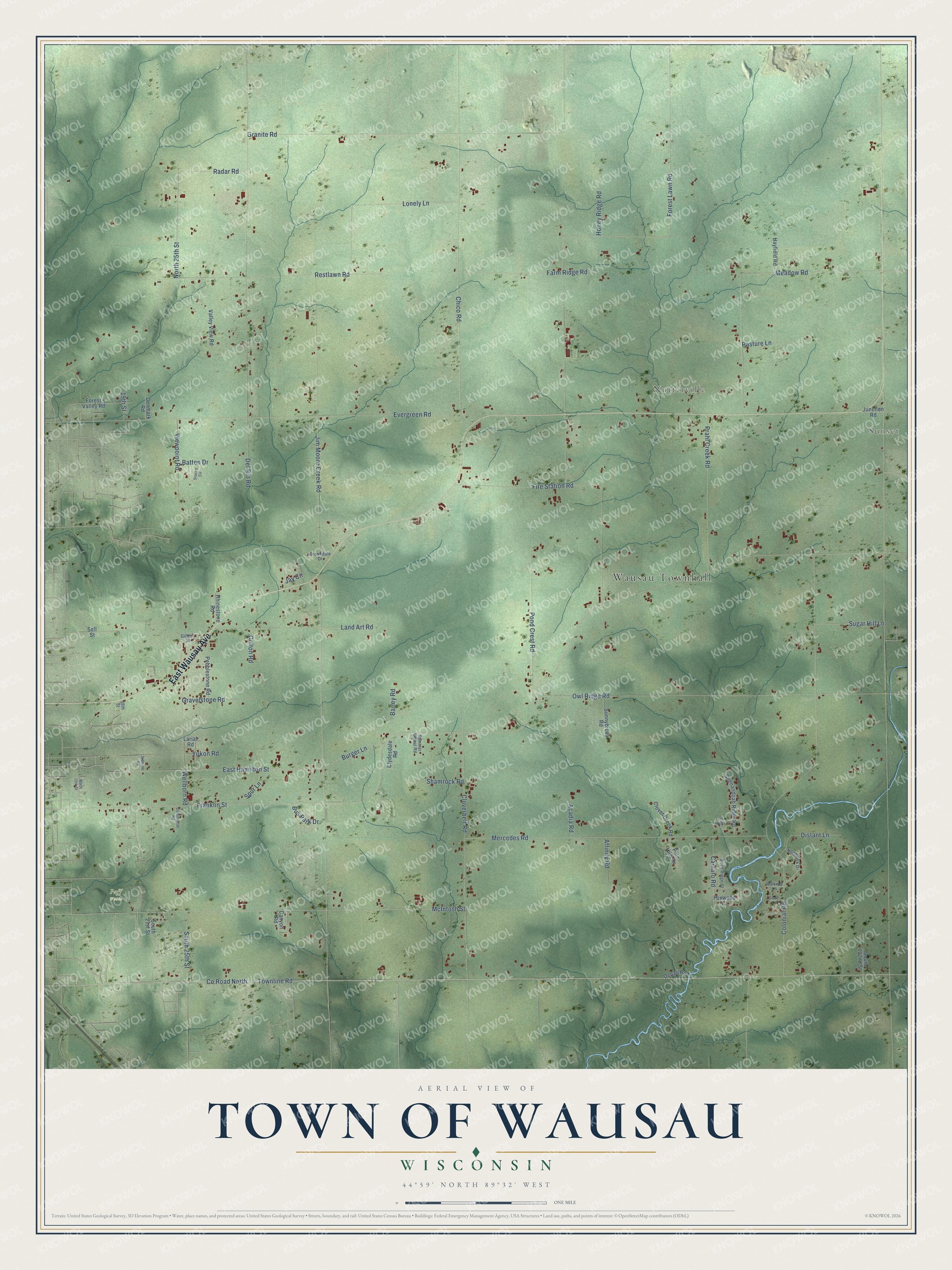 Full map of Wausau, Wisconsin, with red buildings, printed street names and the land around them