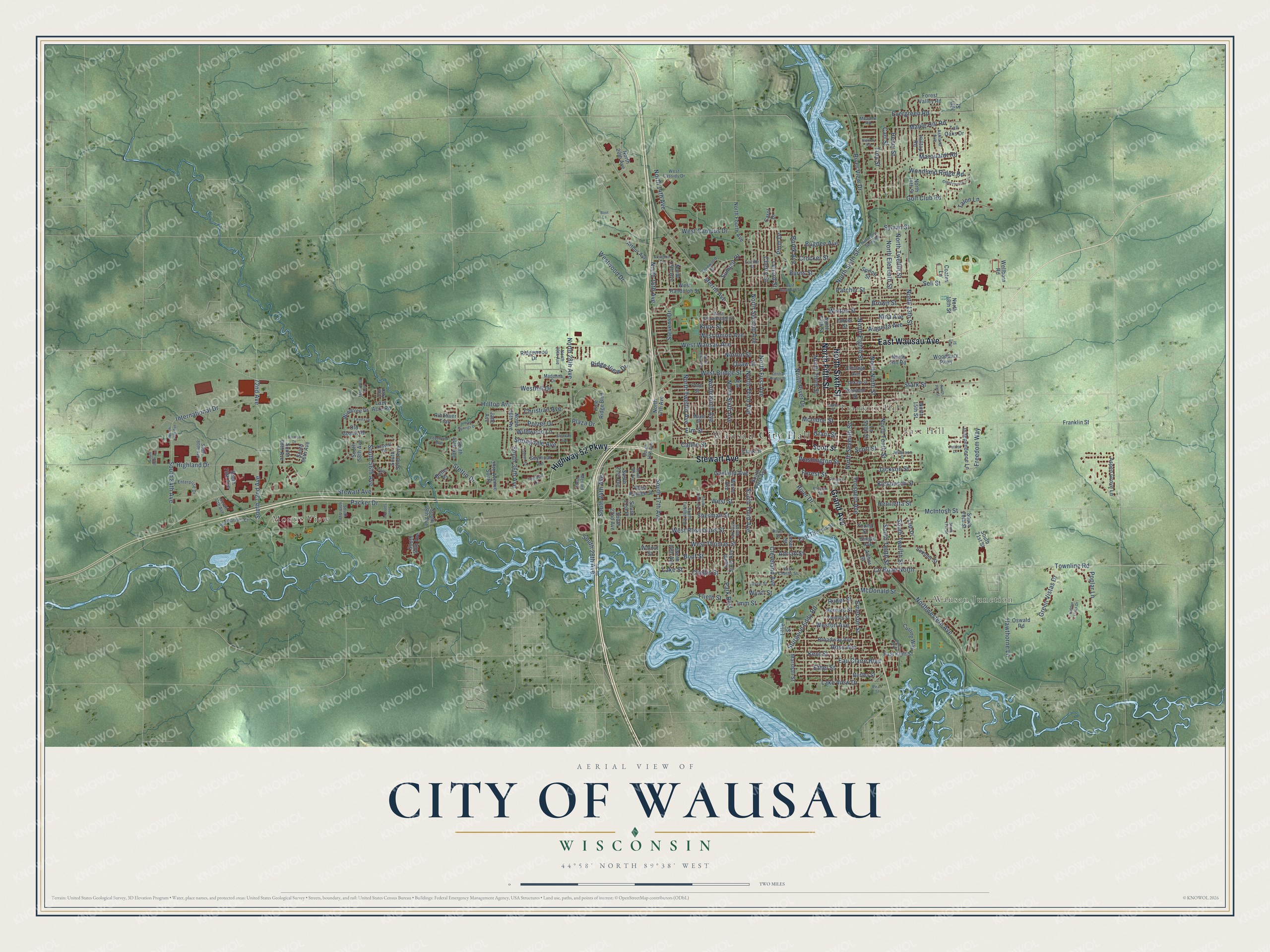 Full map of Wausau, Wisconsin, with red buildings, printed street names and the land around them