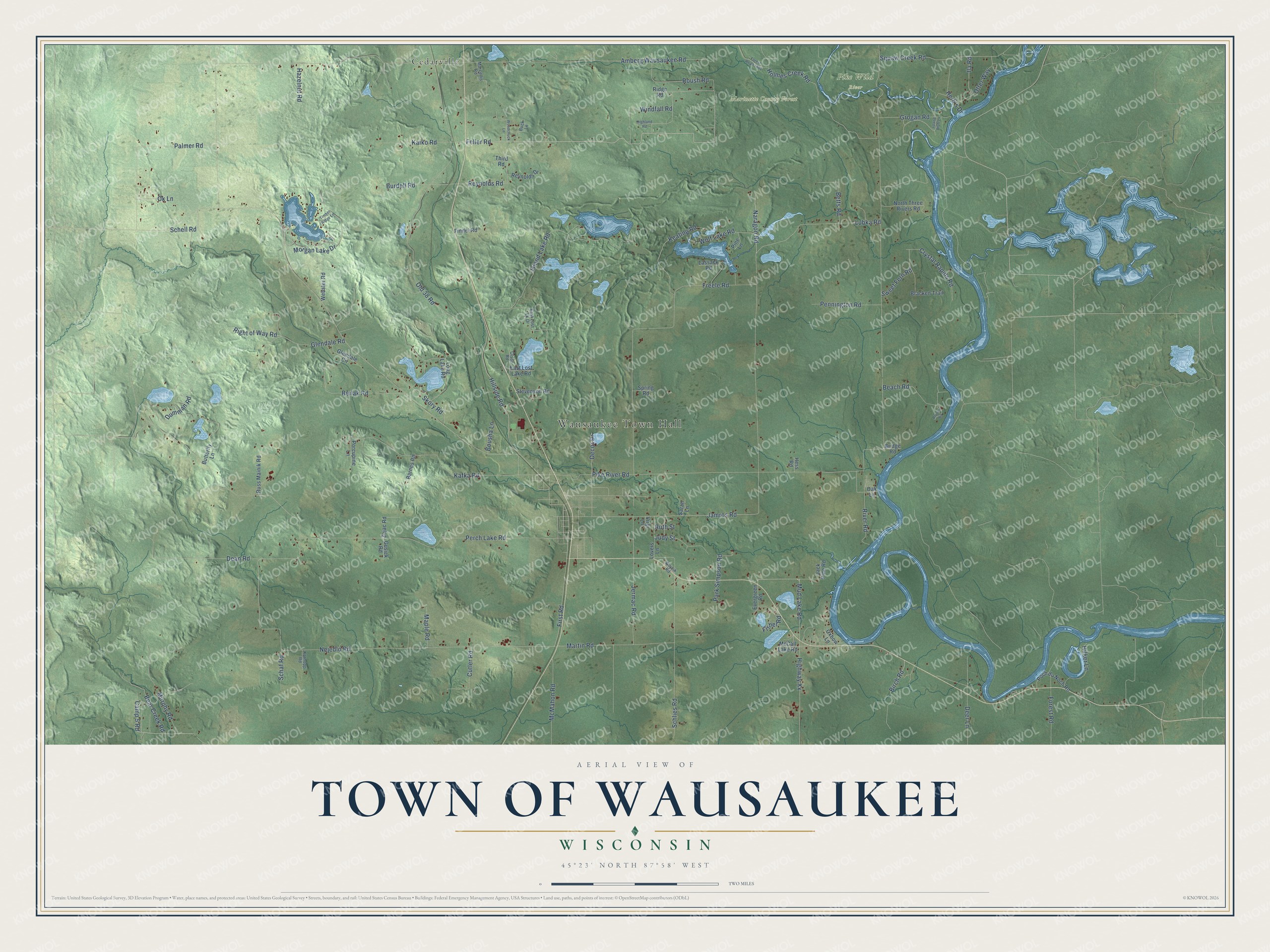 Full map of Wausaukee, Wisconsin, with red buildings, printed street names and the land around them