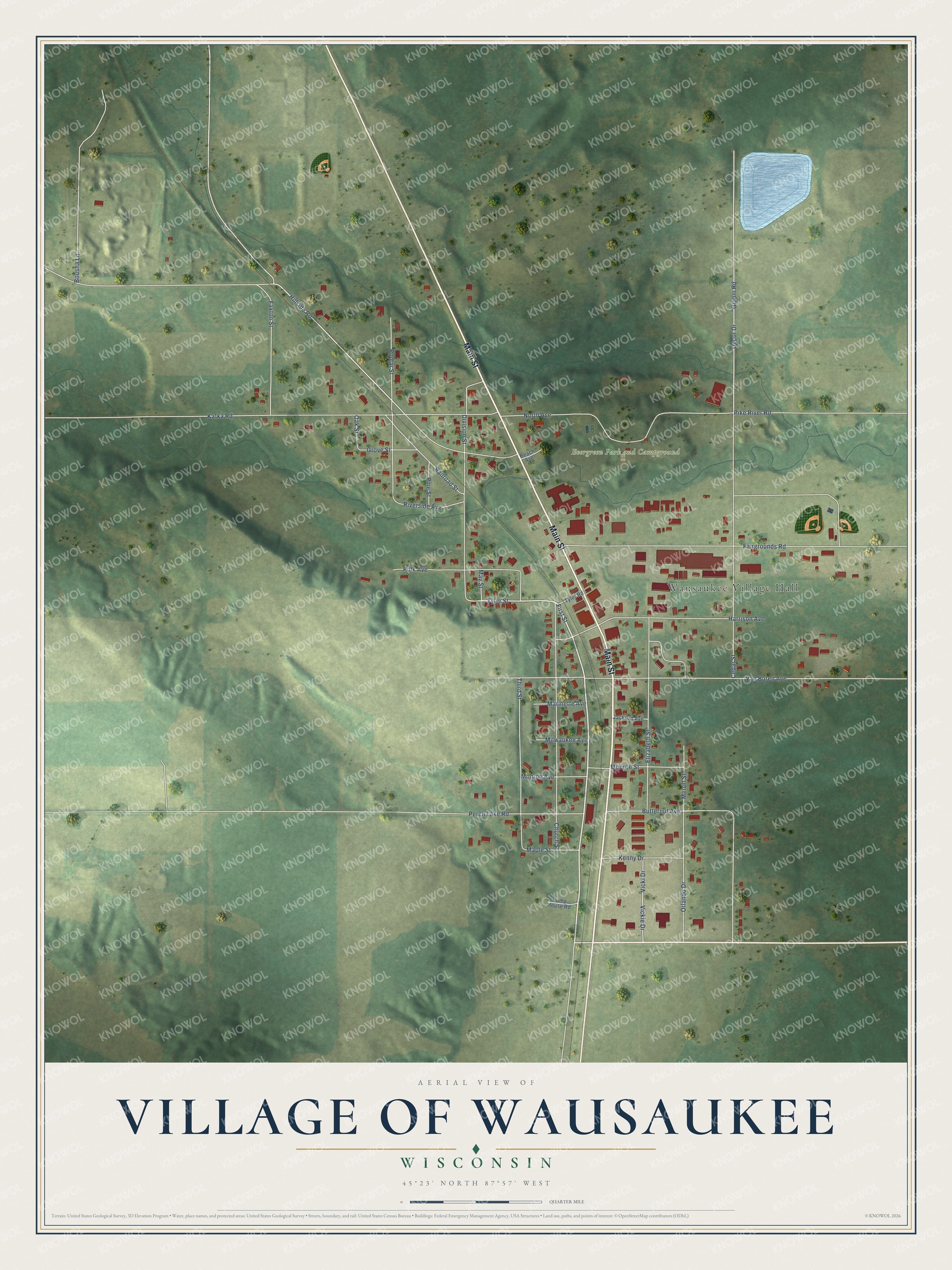 Full map of Wausaukee, Wisconsin, with red buildings, printed street names and the land around them