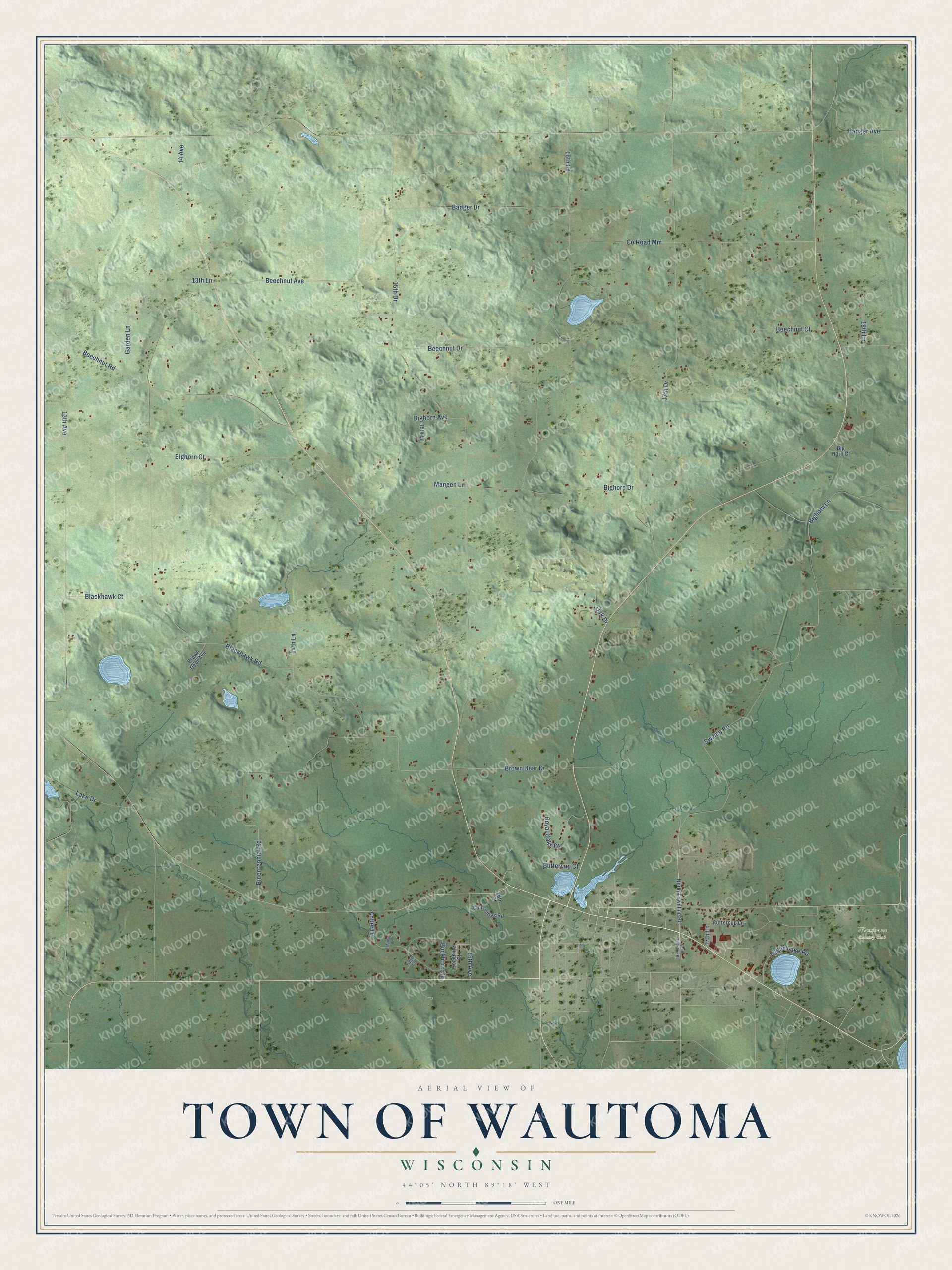 Full map of Wautoma, Wisconsin, with red buildings, printed street names and the land around them