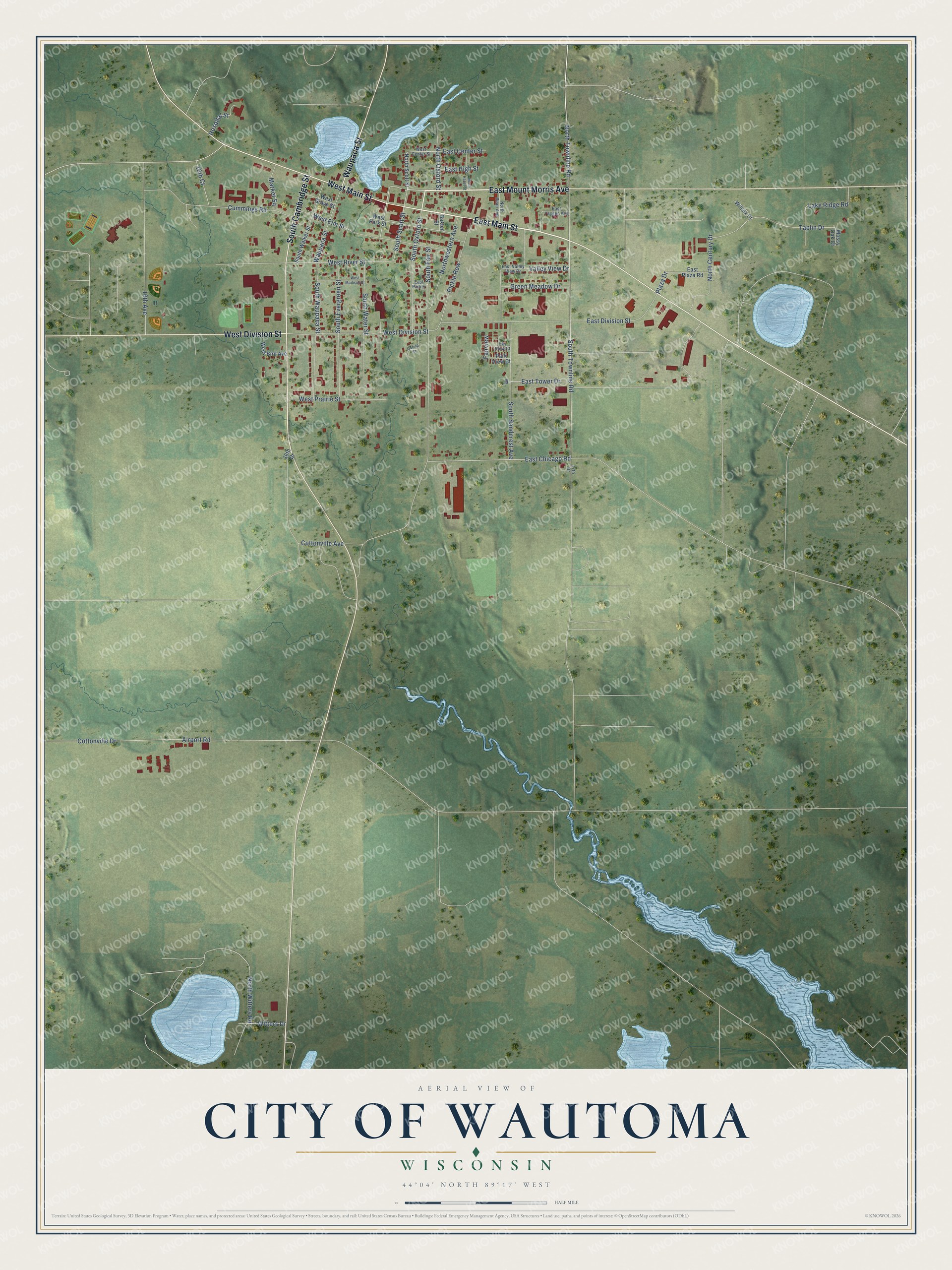 Full map of Wautoma, Wisconsin, with red buildings, printed street names and the land around them