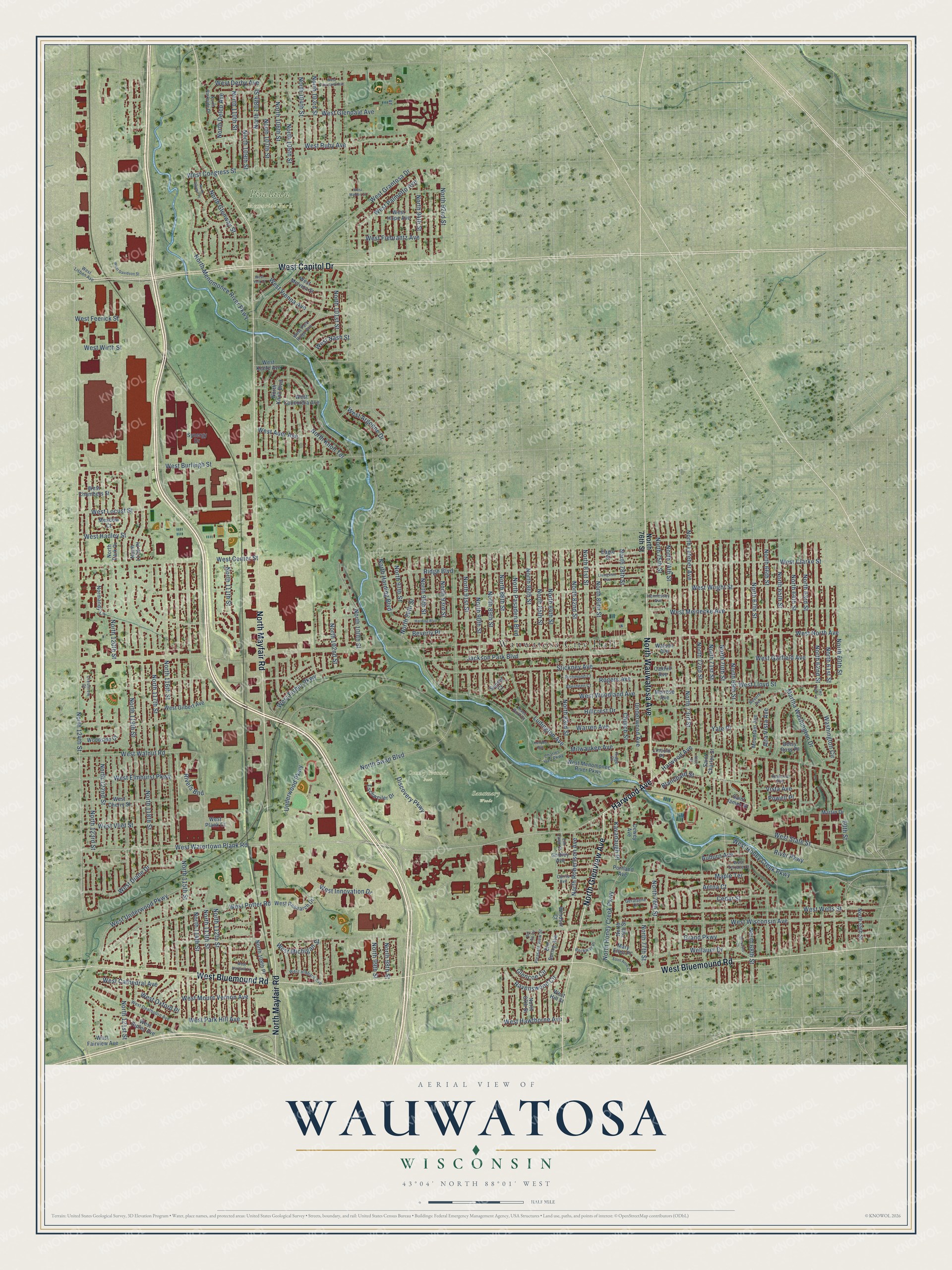 Full map of Wauwatosa, Wisconsin, with red buildings, printed street names and the land around them