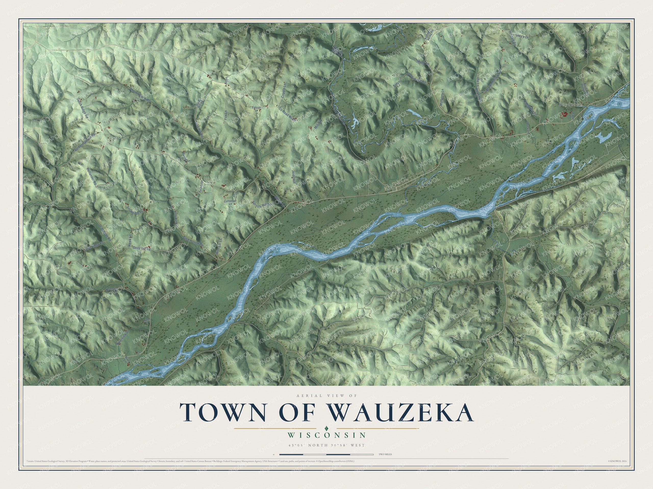 Full map of Wauzeka, Wisconsin, with red buildings, printed street names and the land around them