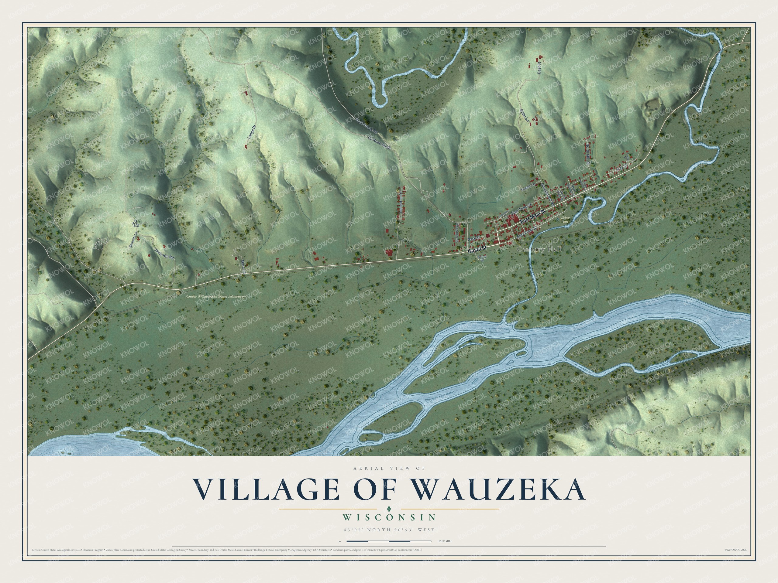 Full map of Wauzeka, Wisconsin, with red buildings, printed street names and the land around them