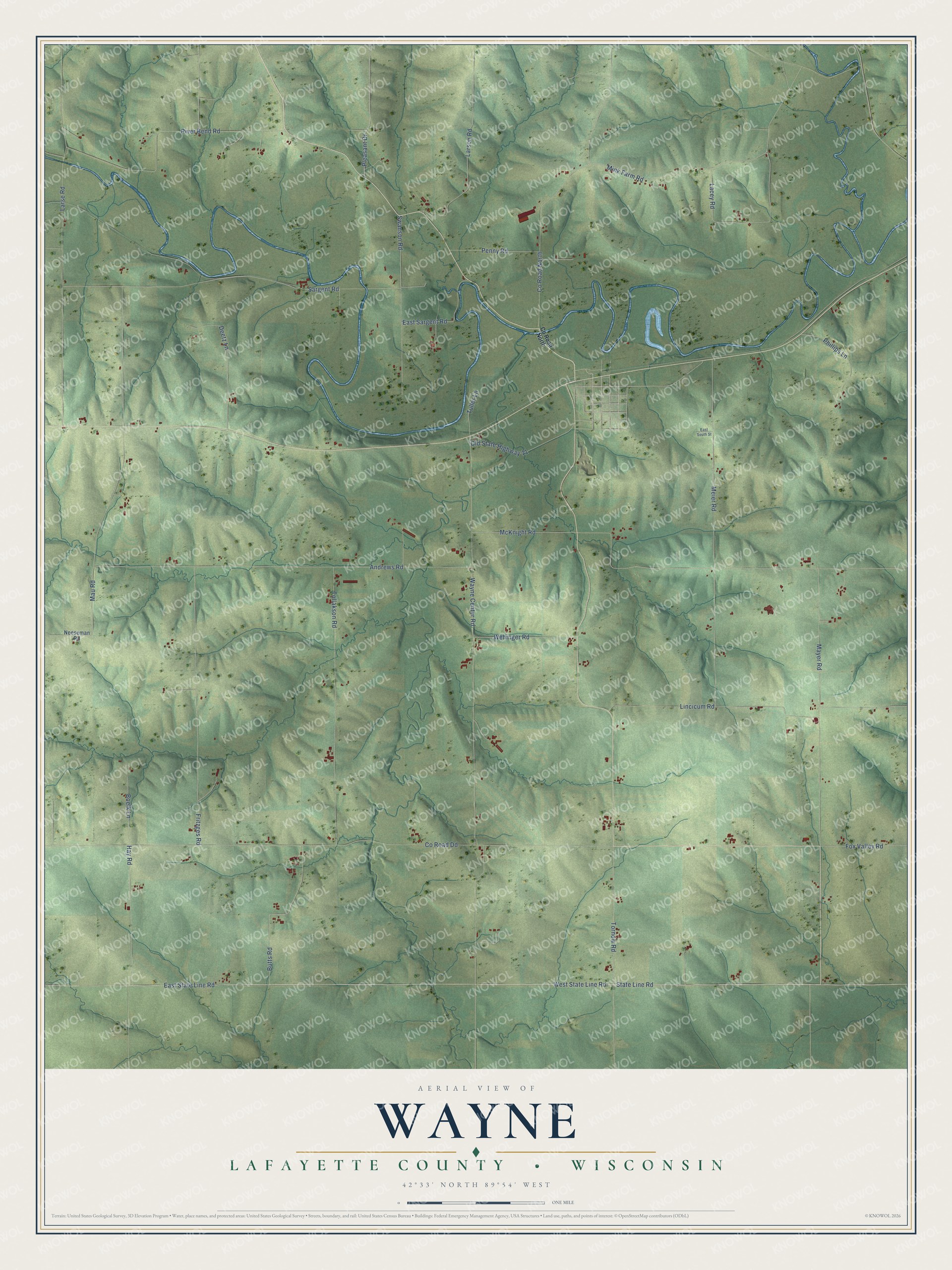 Full map of Wayne, Wisconsin, with red buildings, printed street names and the land around them