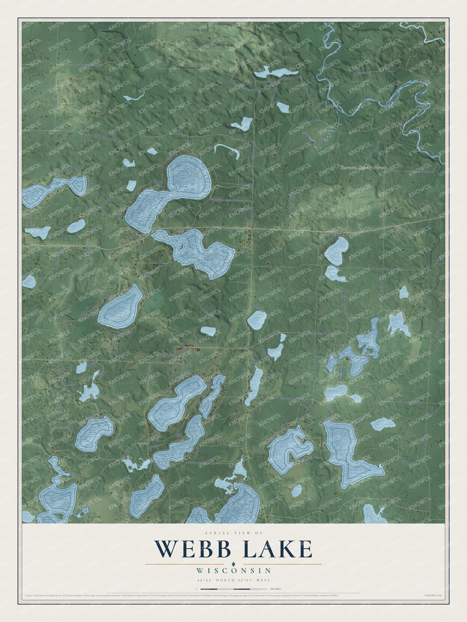 Full map of Webb Lake, Wisconsin, with red buildings, printed street names and the land around them