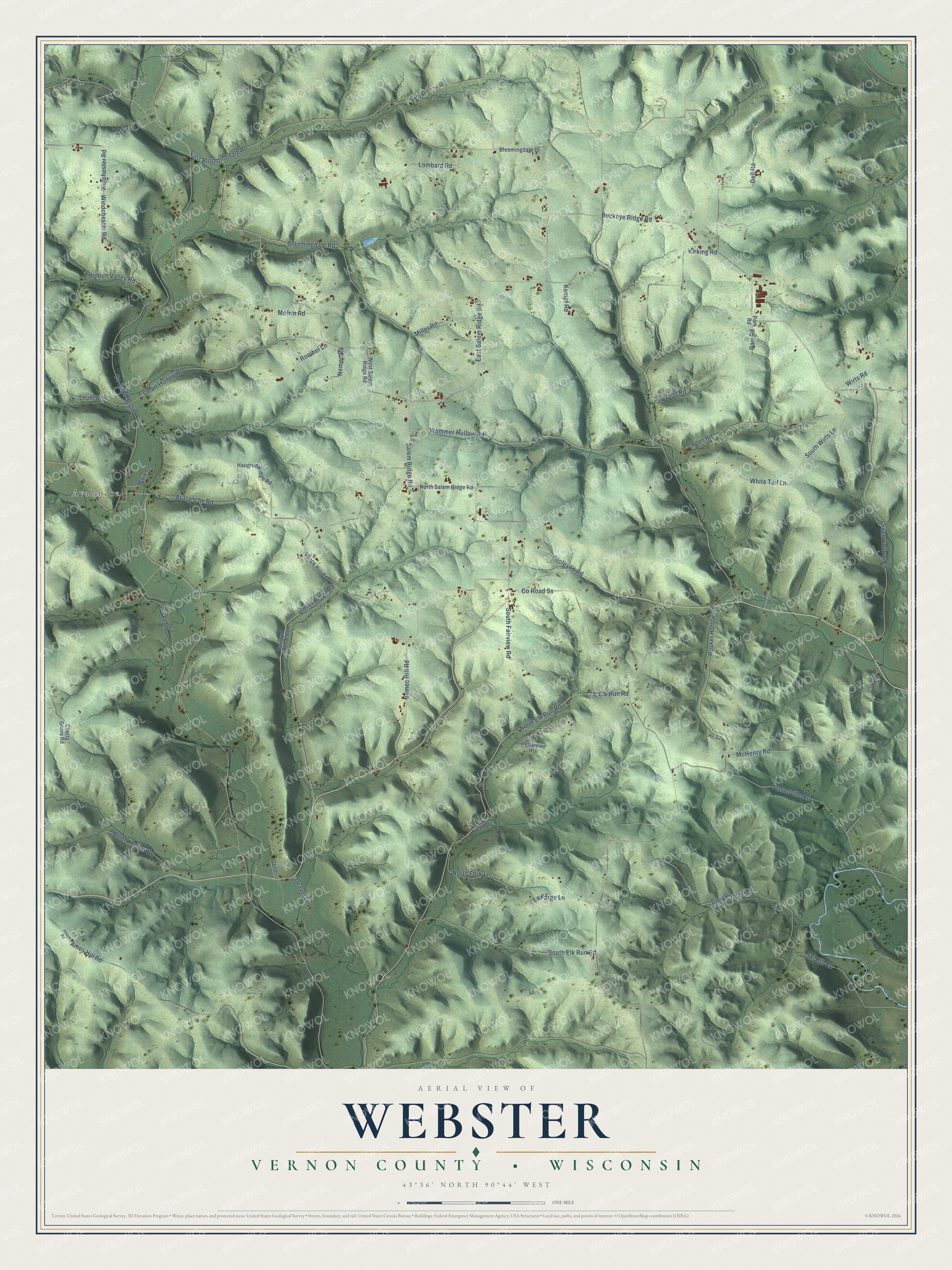 Full map of Webster, Wisconsin, with red buildings, printed street names and the land around them