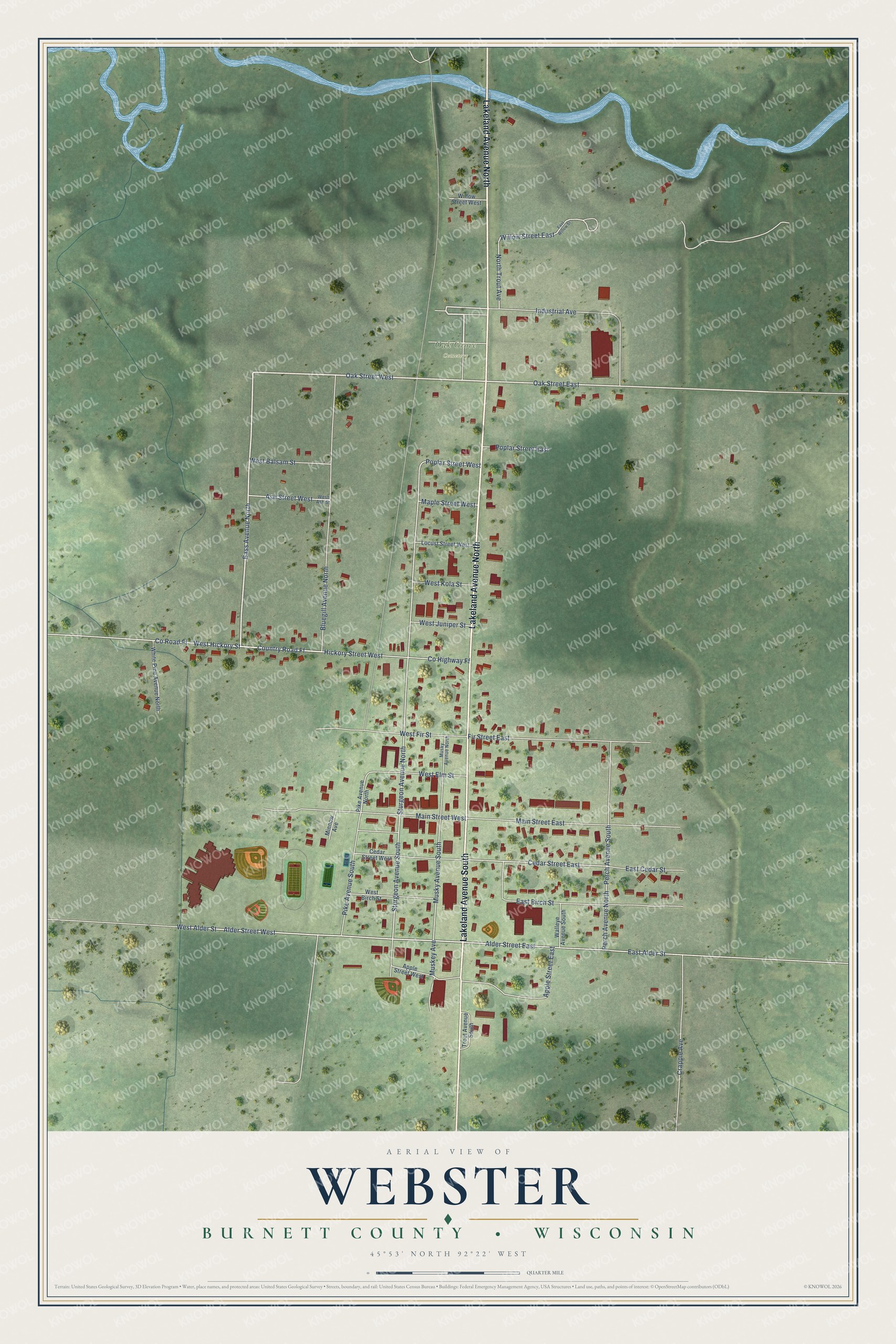 Full map of Webster, Wisconsin, with red buildings, printed street names and the land around them
