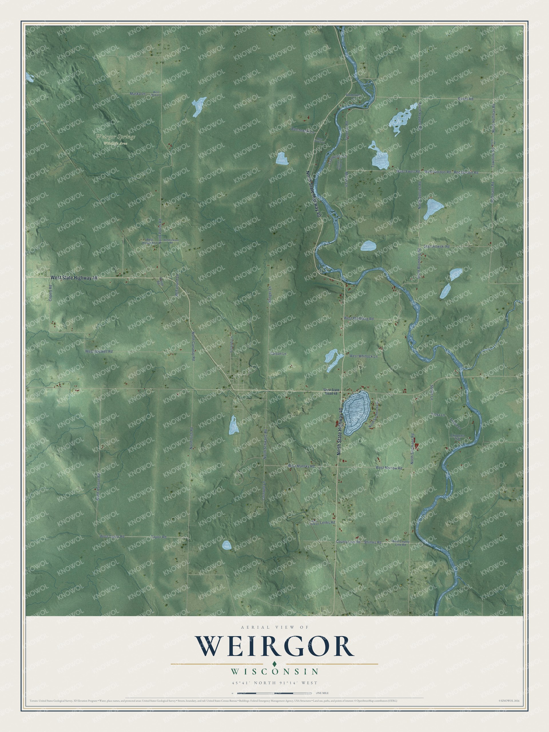 Full map of Weirgor, Wisconsin, with red buildings, printed street names and the land around them