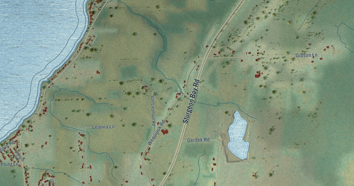 Close-up of streets and buildings in Wequiock, Wisconsin