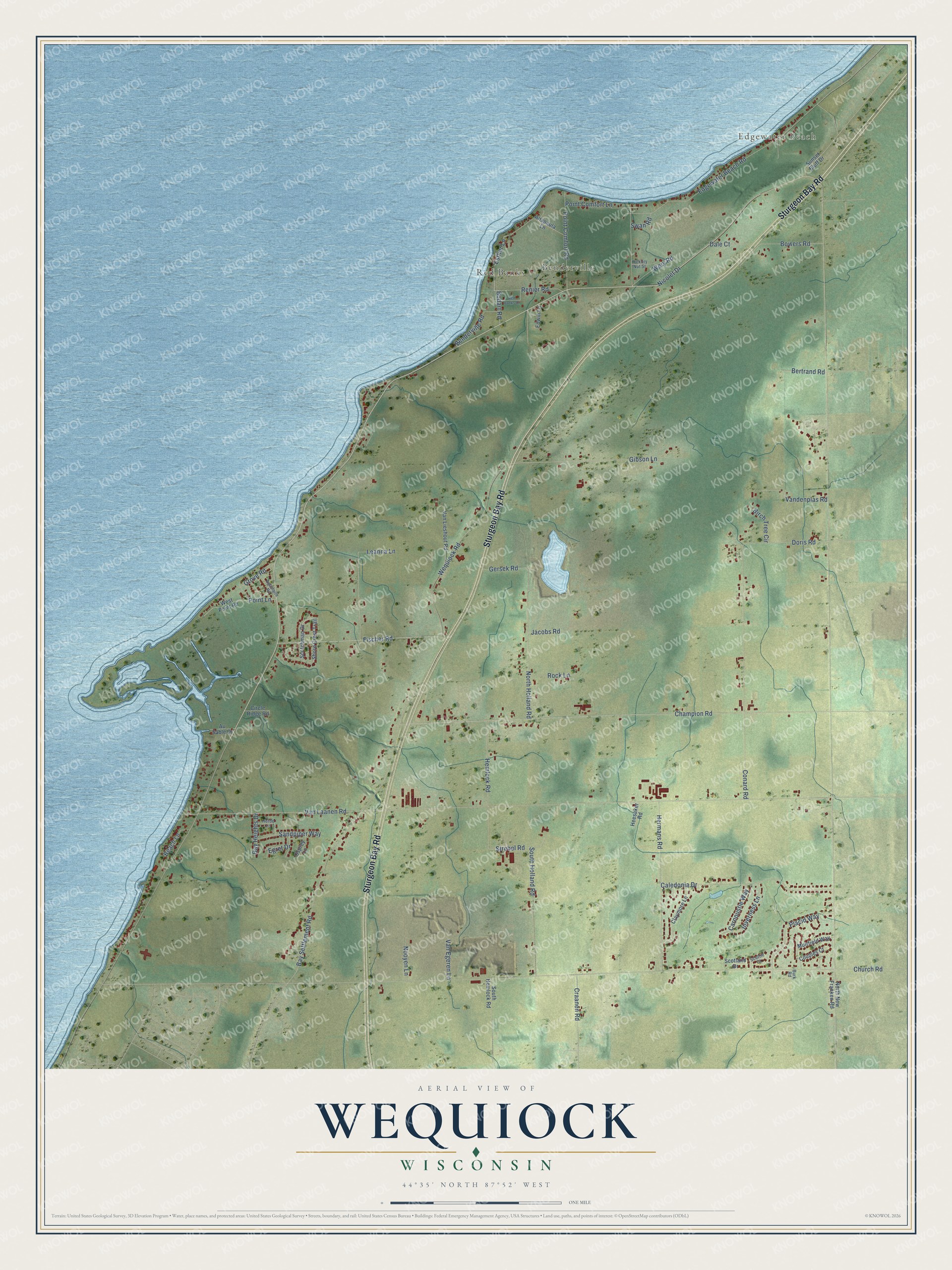 Full map of Wequiock, Wisconsin, with red buildings, printed street names and the land around them