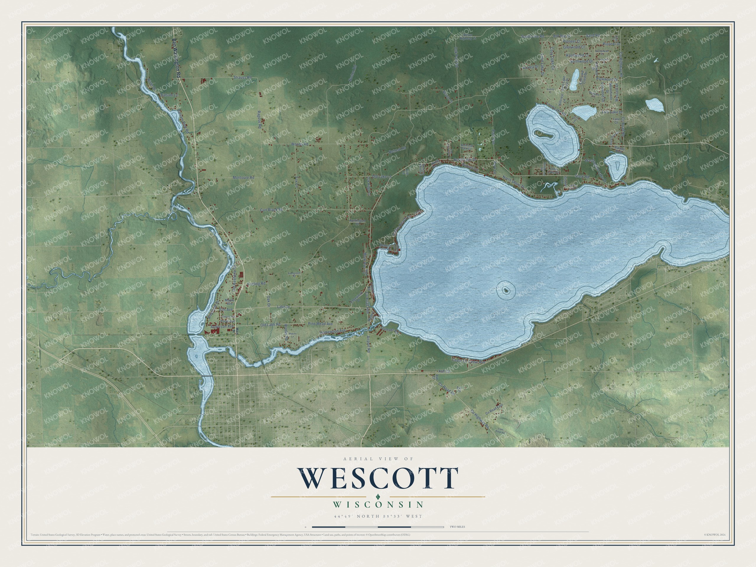 Full map of Wescott, Wisconsin, with red buildings, printed street names and the land around them