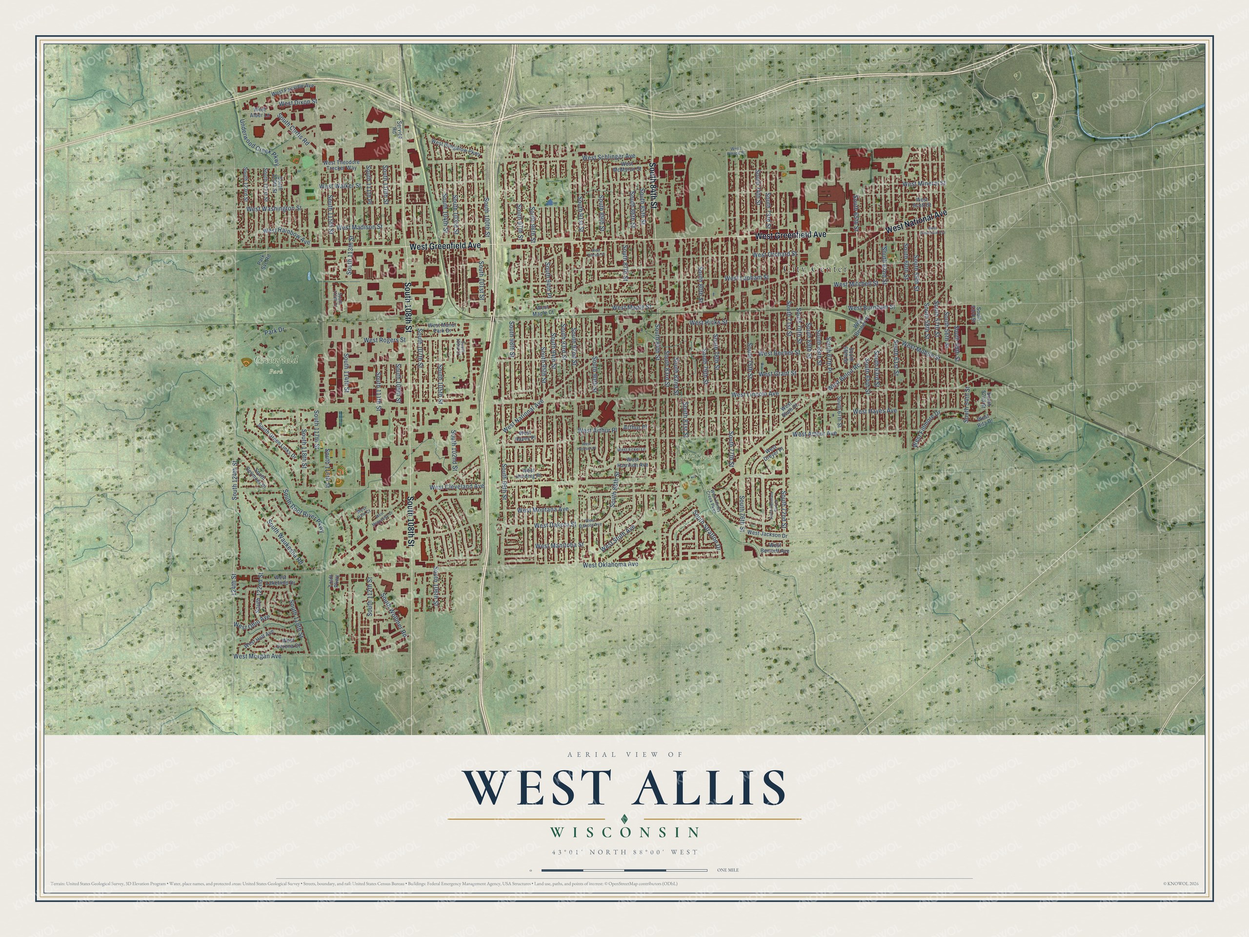 Full map of West Allis, Wisconsin, with red buildings, printed street names and the land around them
