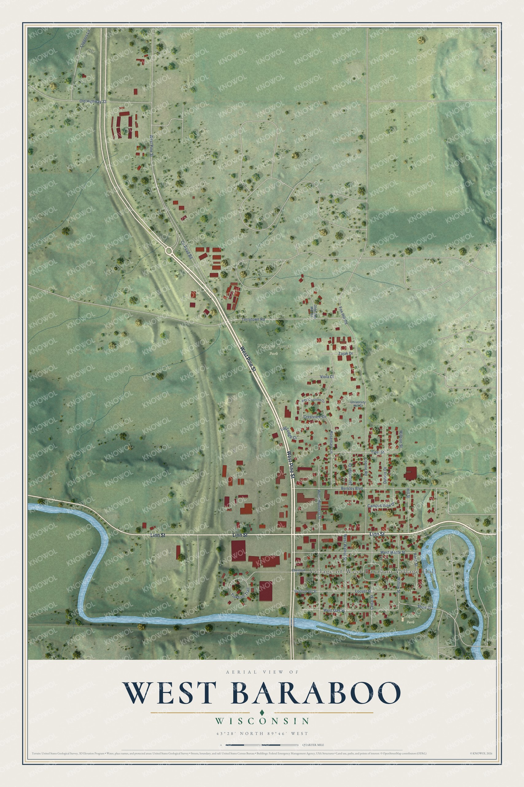 Full map of West Baraboo, Wisconsin, with red buildings, printed street names and the land around them