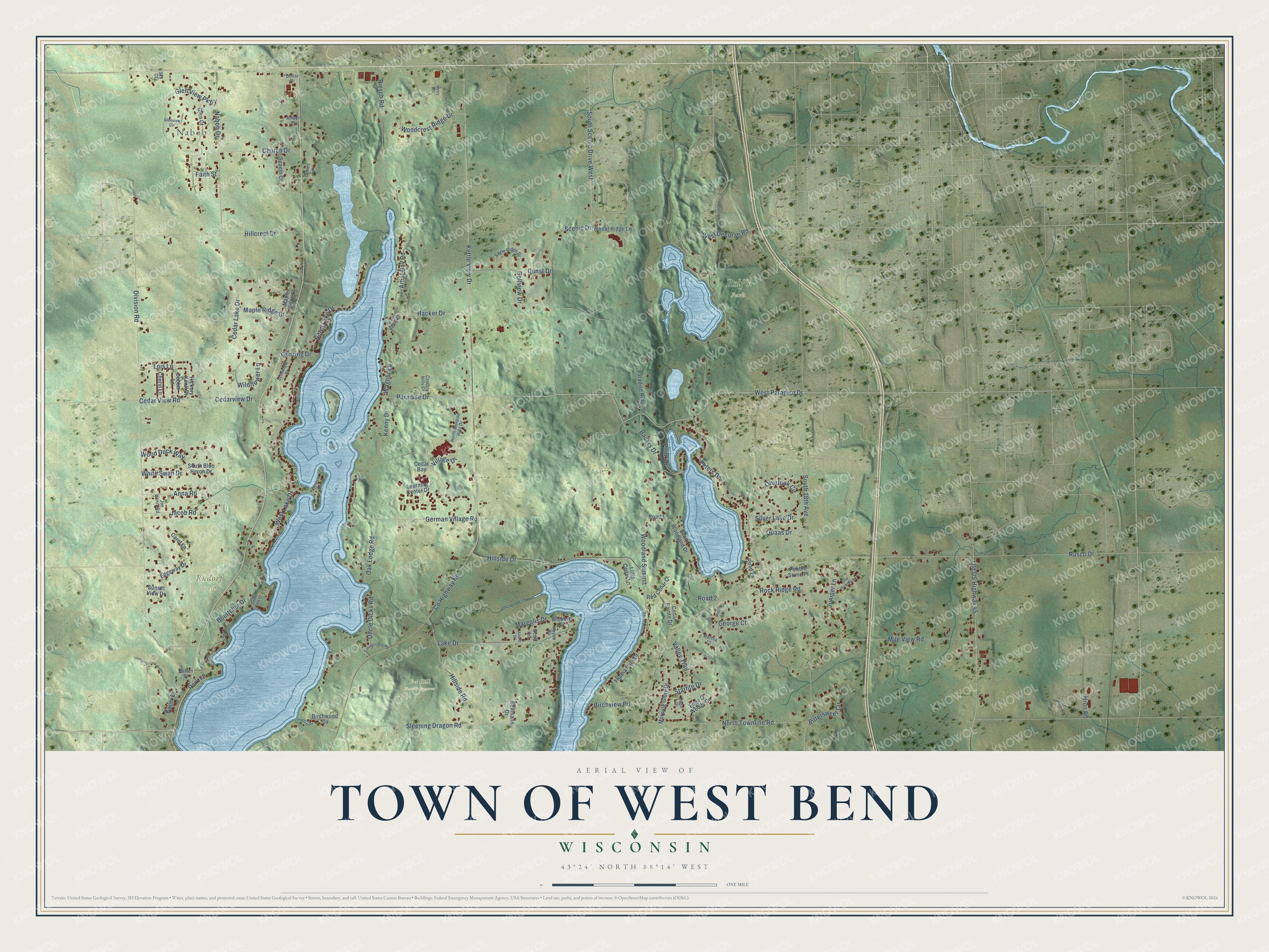 Full map of West Bend, Wisconsin, with red buildings, printed street names and the land around them