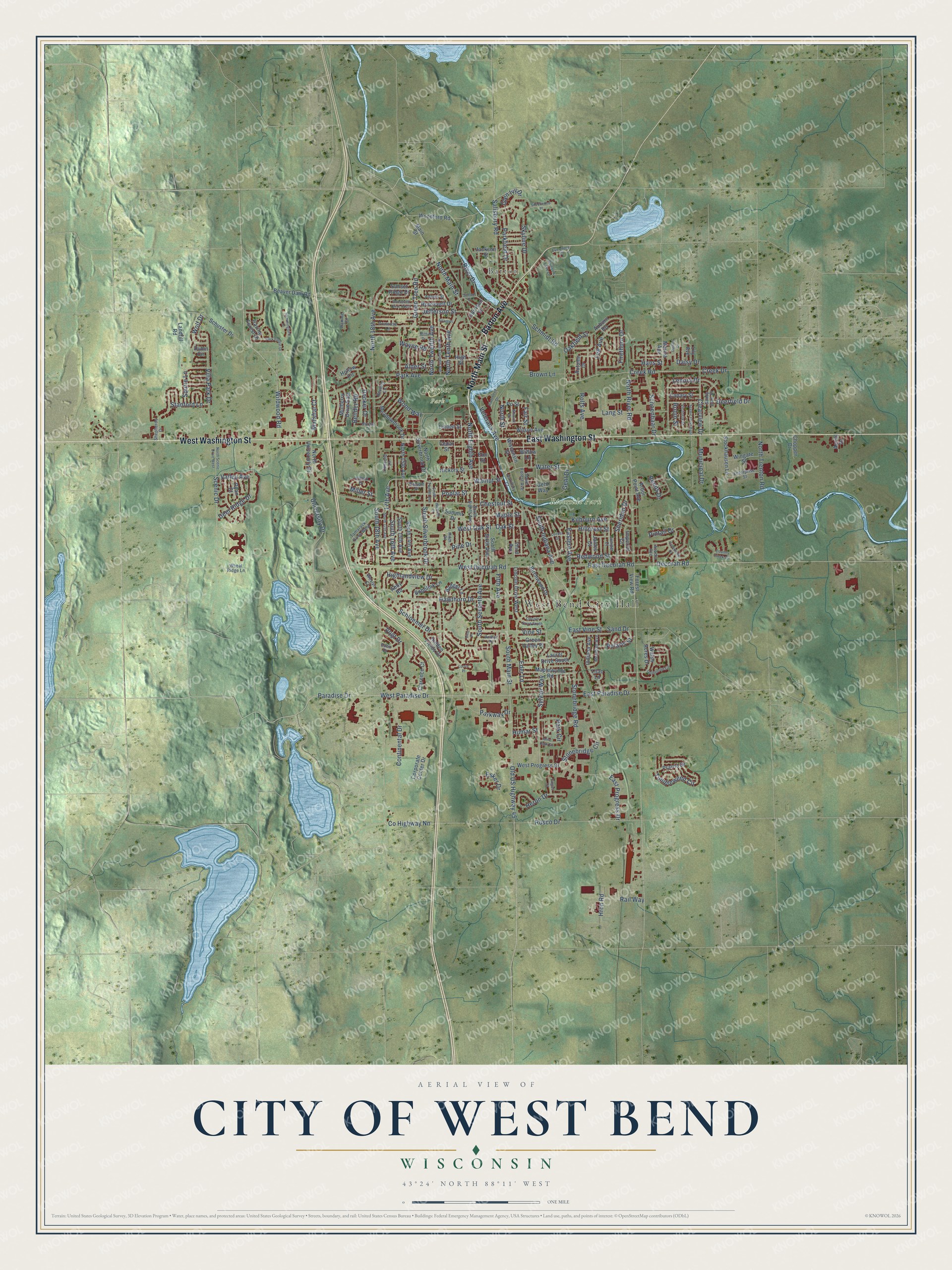 Full map of West Bend, Wisconsin, with red buildings, printed street names and the land around them