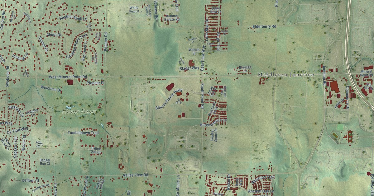 Close-up of streets and buildings in West Middleton, Wisconsin