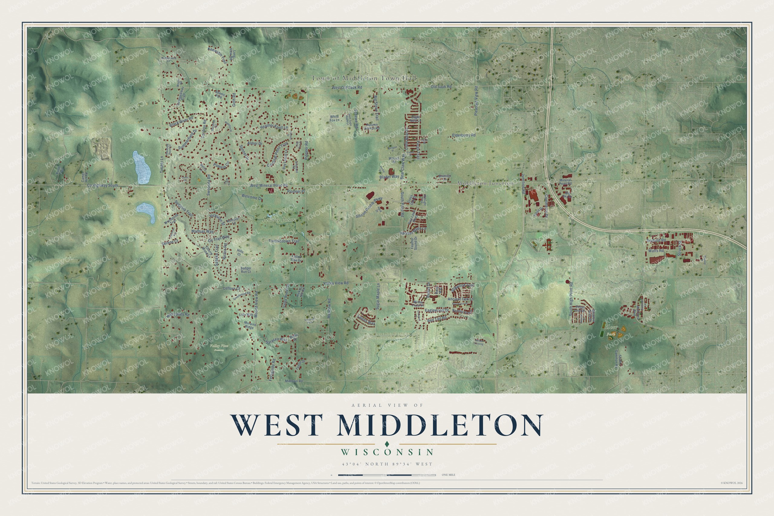 Full map of West Middleton, Wisconsin, with red buildings, printed street names and the land around them